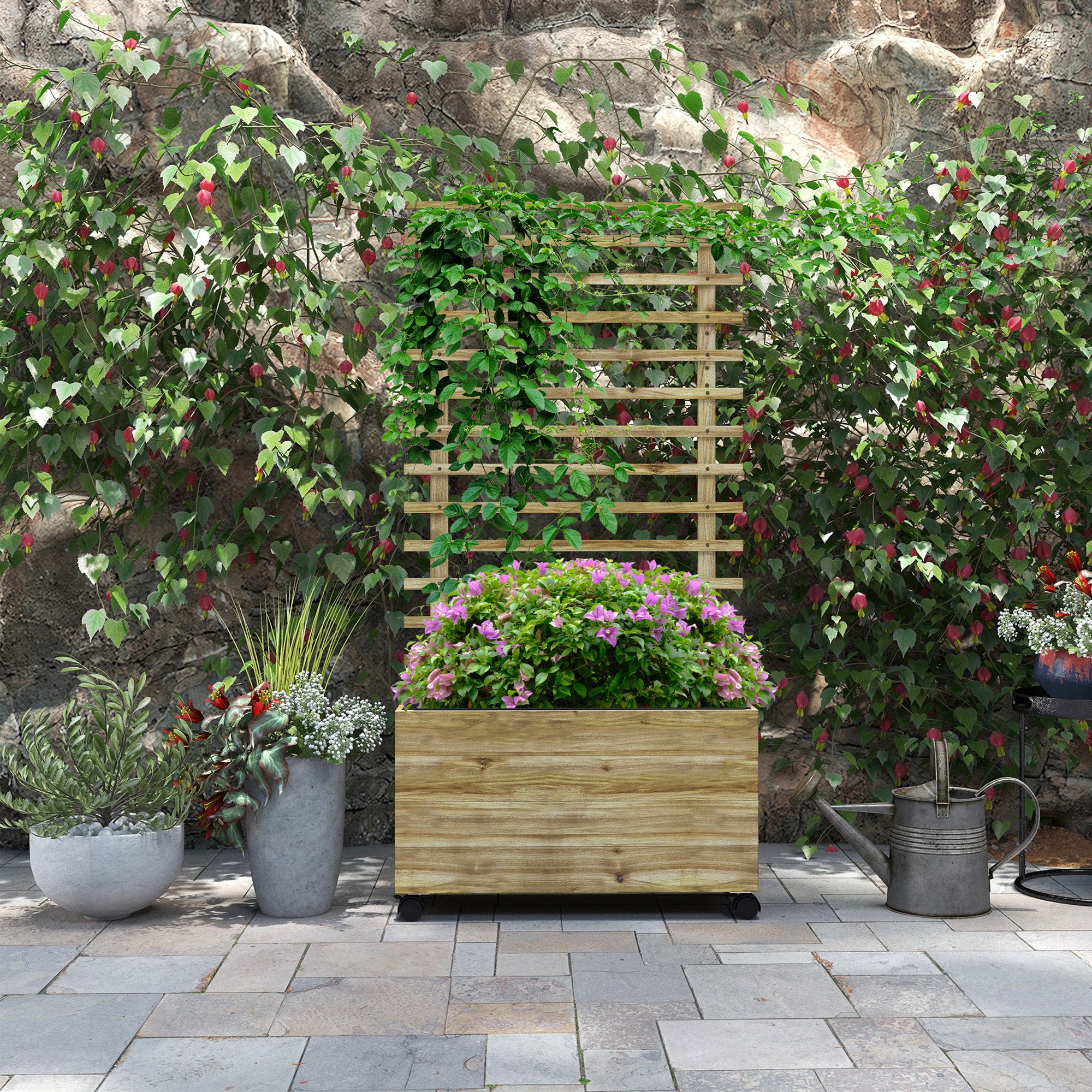 Outsunny Wooden Raised Planter, with Back Trellis - Natural Finish - North Peak Garden Furniture