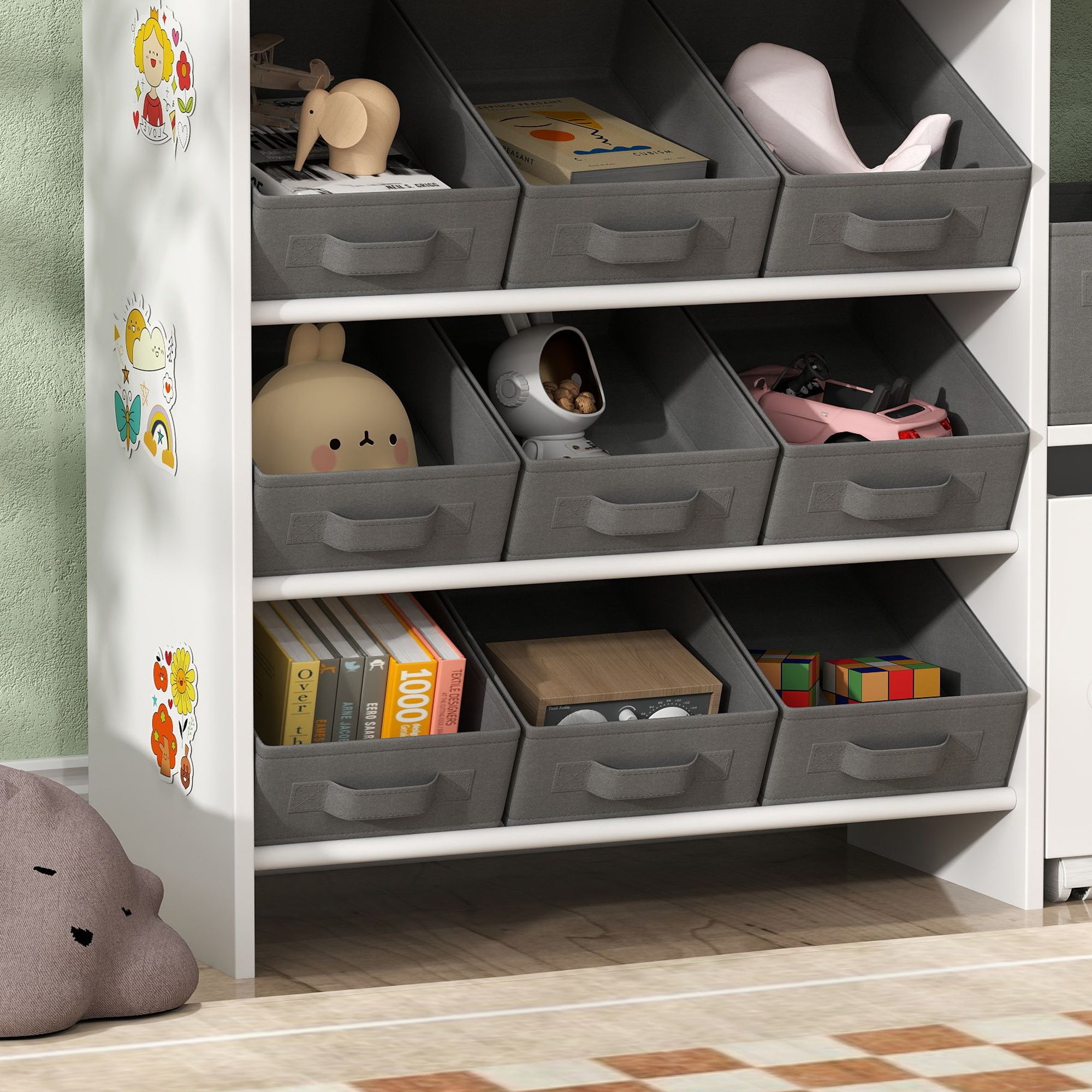 AIYAPLAY Kids Toy Storage Unit with 11 Bins, Cabinet, Top Shelves, 3 Stickers, for Nursery, Playroom, Kindergarten, White - North Peak Garden Furniture