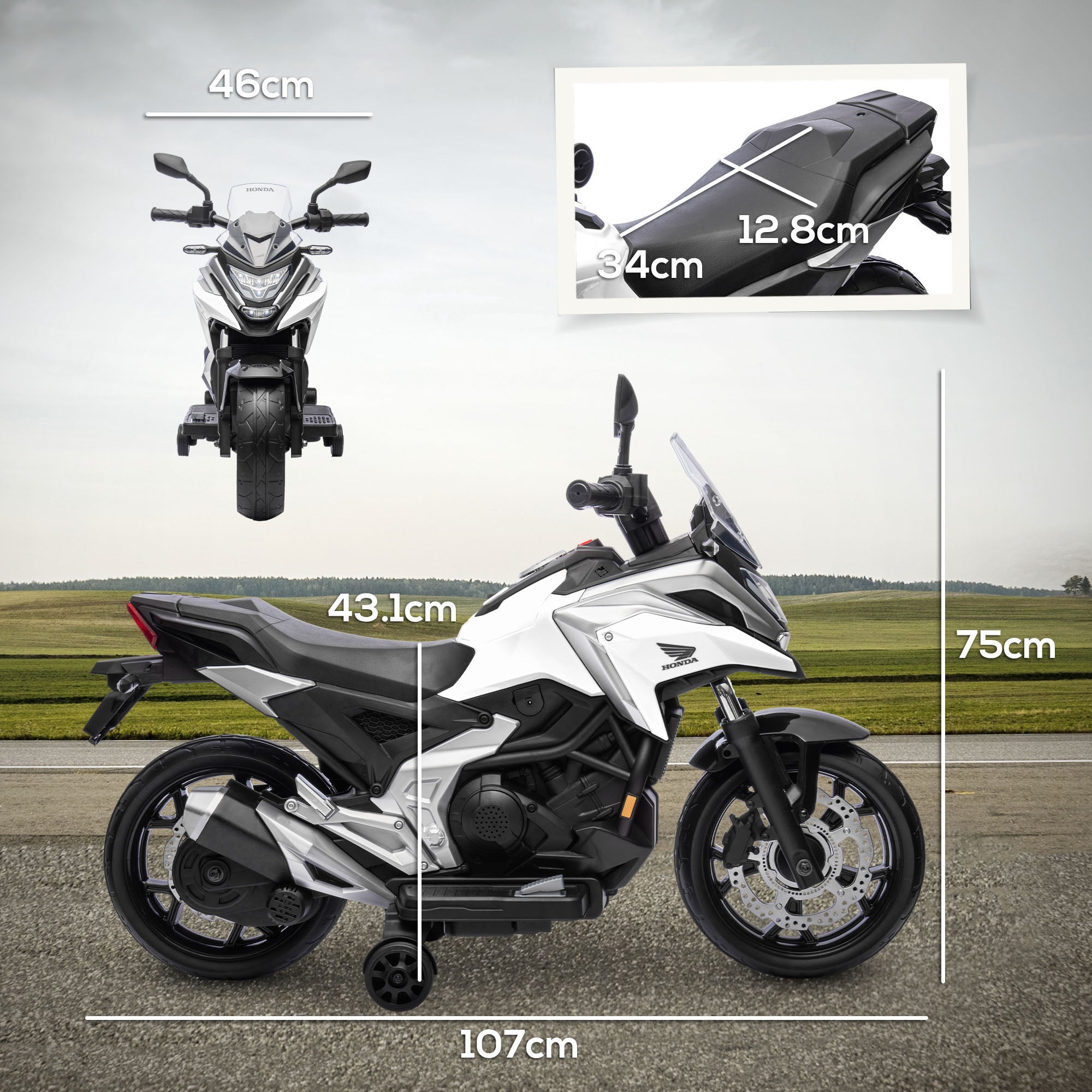 AIYAPLAY 12V Honda Licensed Kids Electric Motorbike w/ Music, Headlights, Early Education Function, for Ages 3-6 Years, White - North Peak Garden Furniture