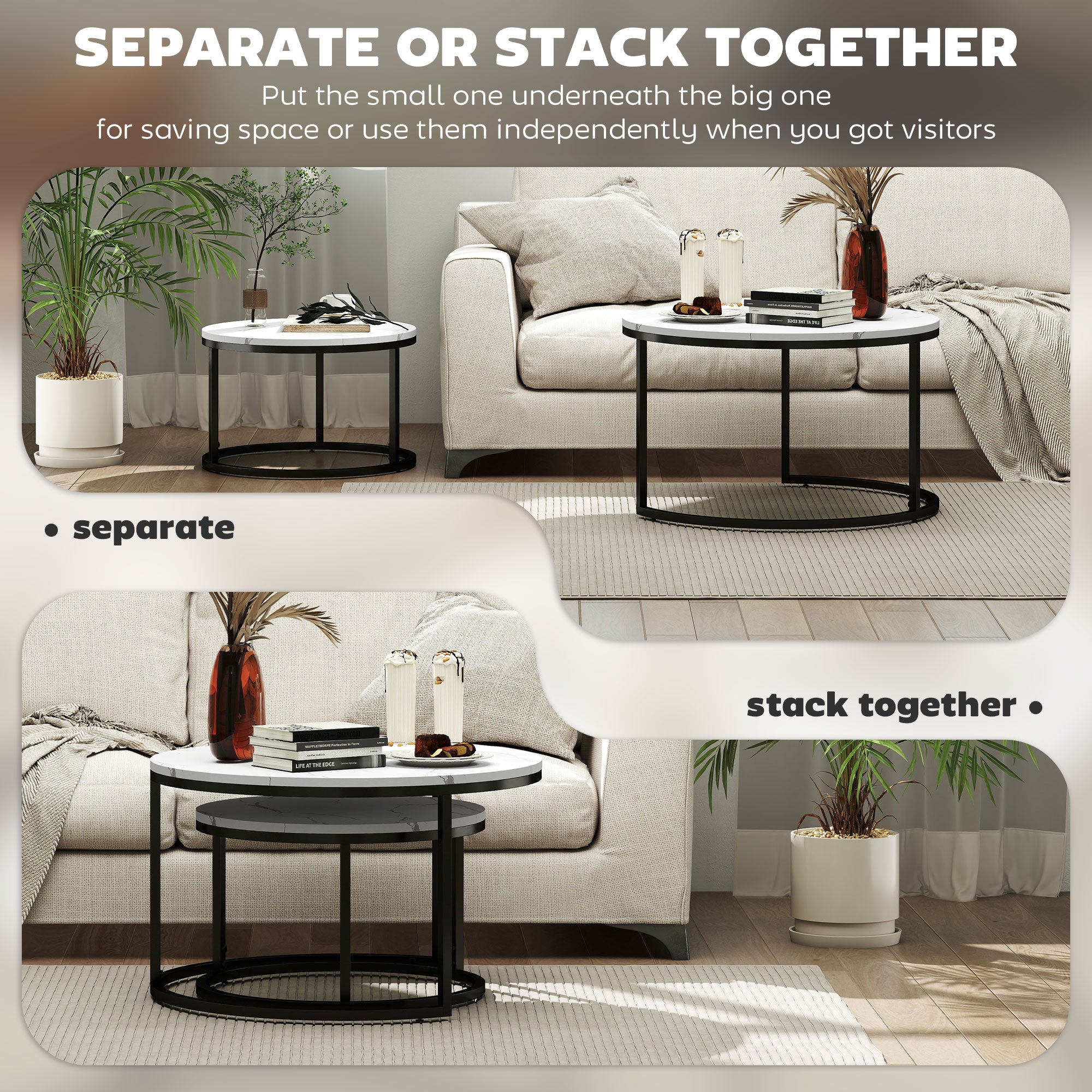 HOMCOM Set of Two Marble-Effect Stacking Tables - Black/White - North Peak Garden Furniture
