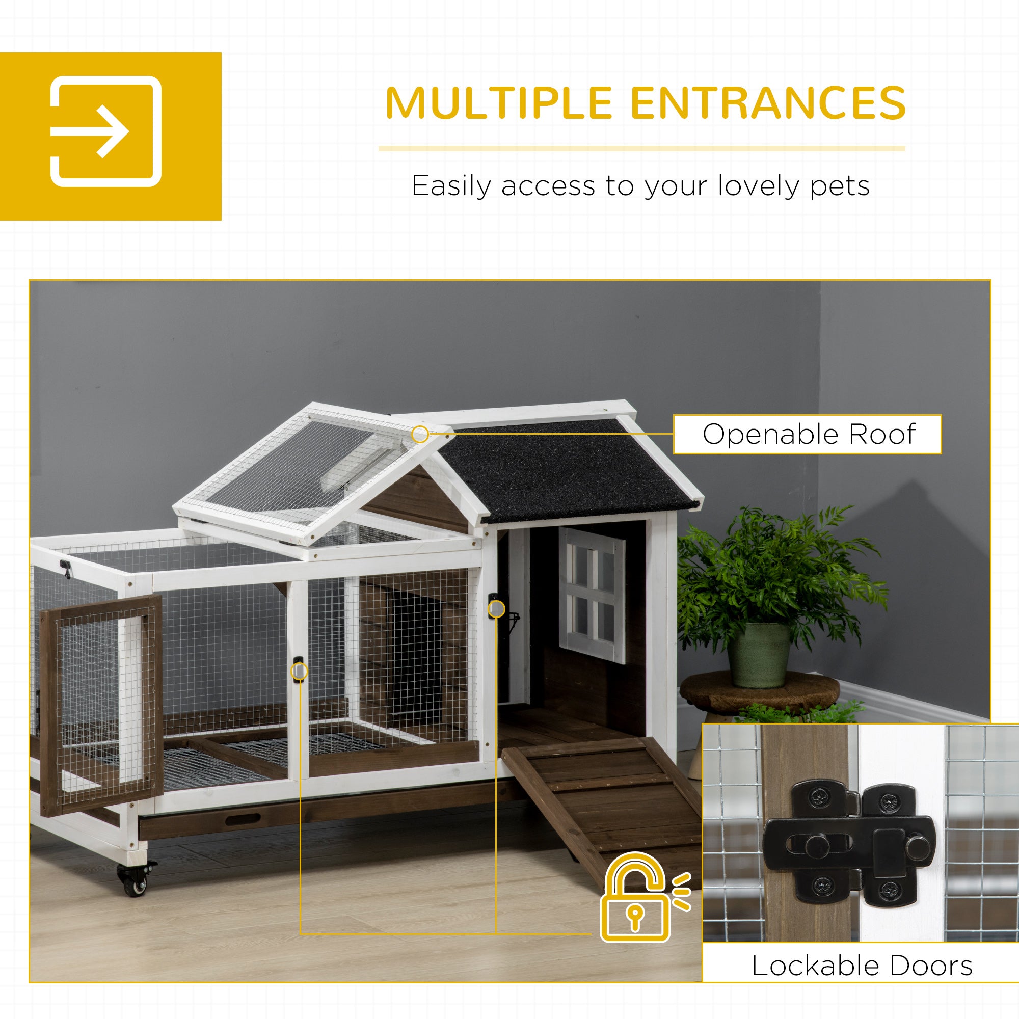 PawHut Wooden Rabbit Hutch, Guinea Pig Cage, with Removable Tray, Wheels - Brown - North Peak Garden Furniture