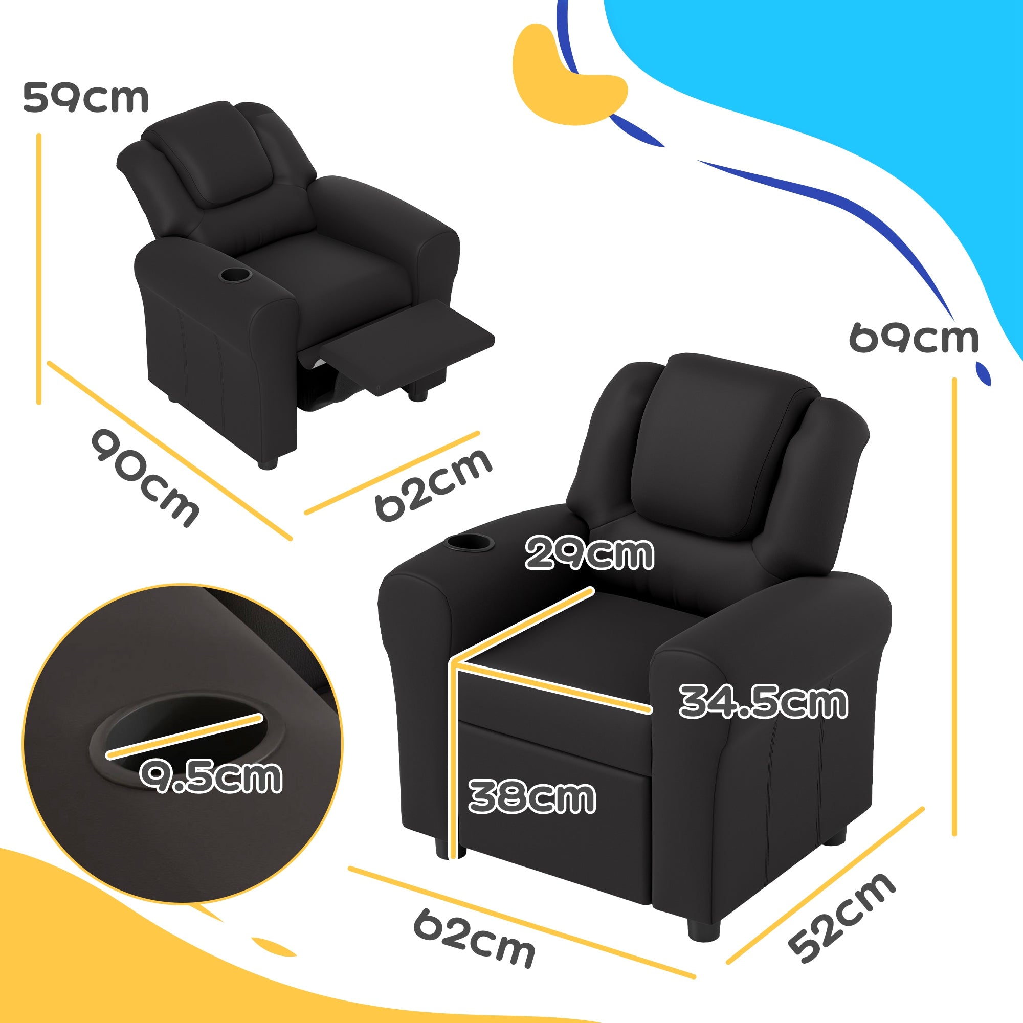 HOMCOM Kids Recliner Chair, PU Leather with Adjustable Backrest, Footrest, Padded Headrest, Black - North Peak Garden Furniture