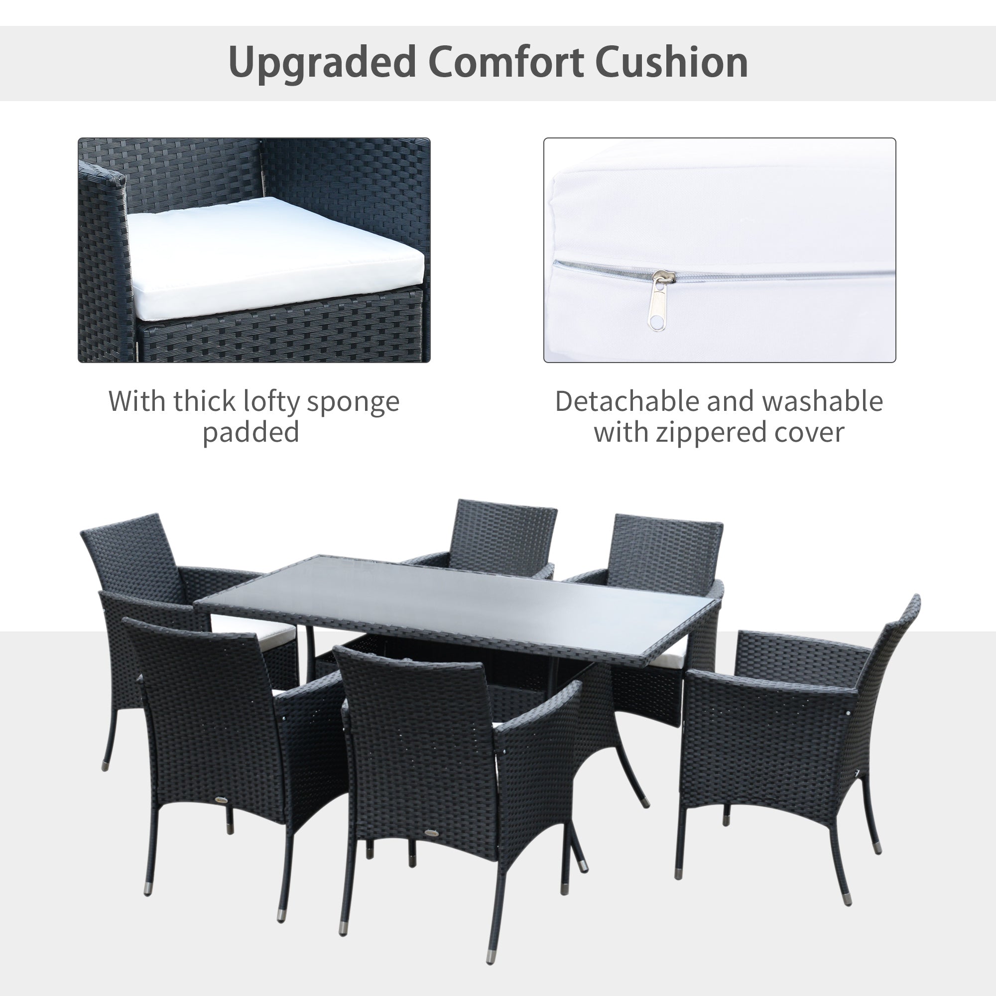 Outsunny 6 Seater Rattan Dining Set with Cushions, Rattan Garden Furniture Set with 6 Armchairs, Rectangular Glass Top Table, Outdoor Dining Table and Chairs, Black - North Peak Garden Furniture