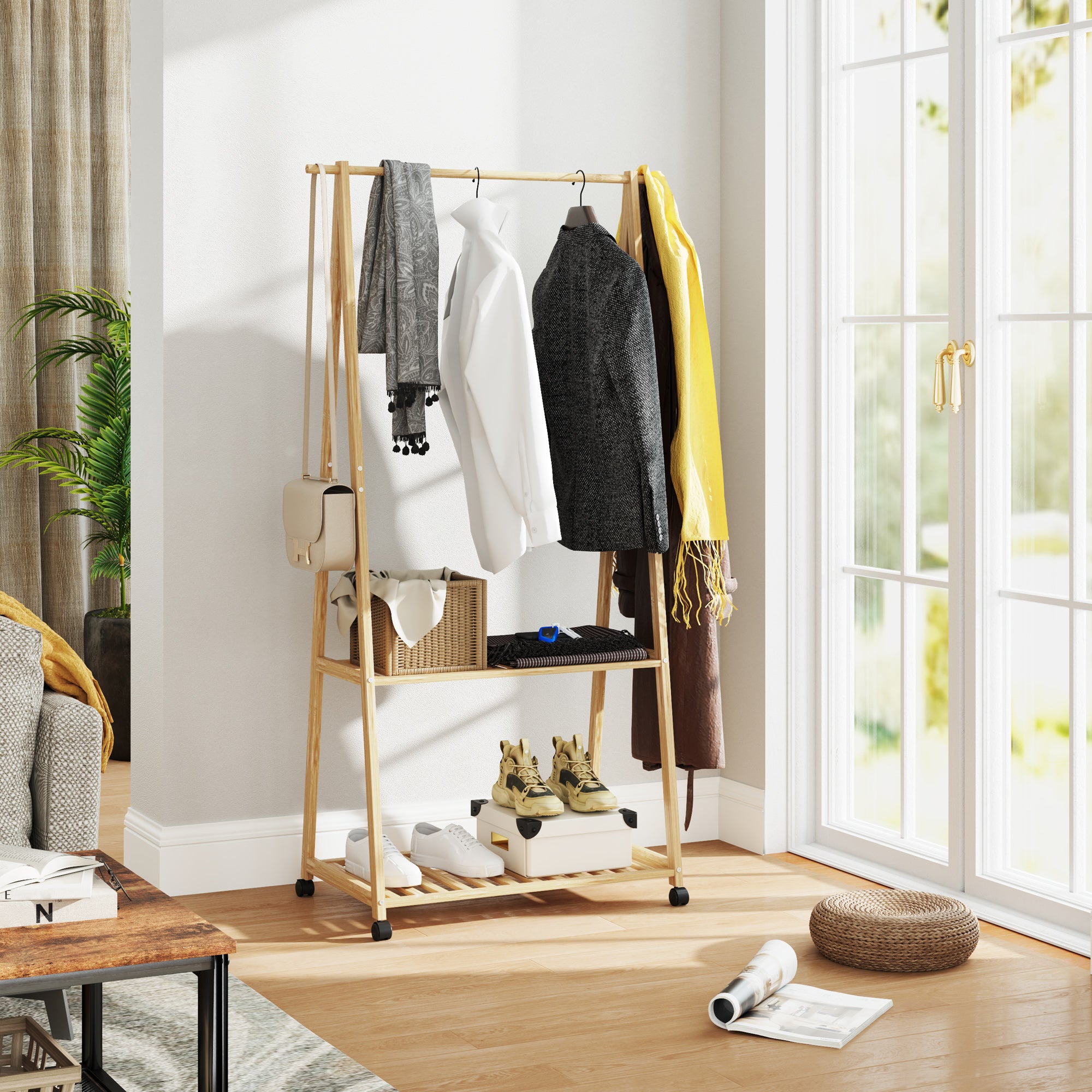 HOMCOM Bamboo Clothes Rack, with Shelves and Hooks - Natural Finish - North Peak Garden Furniture