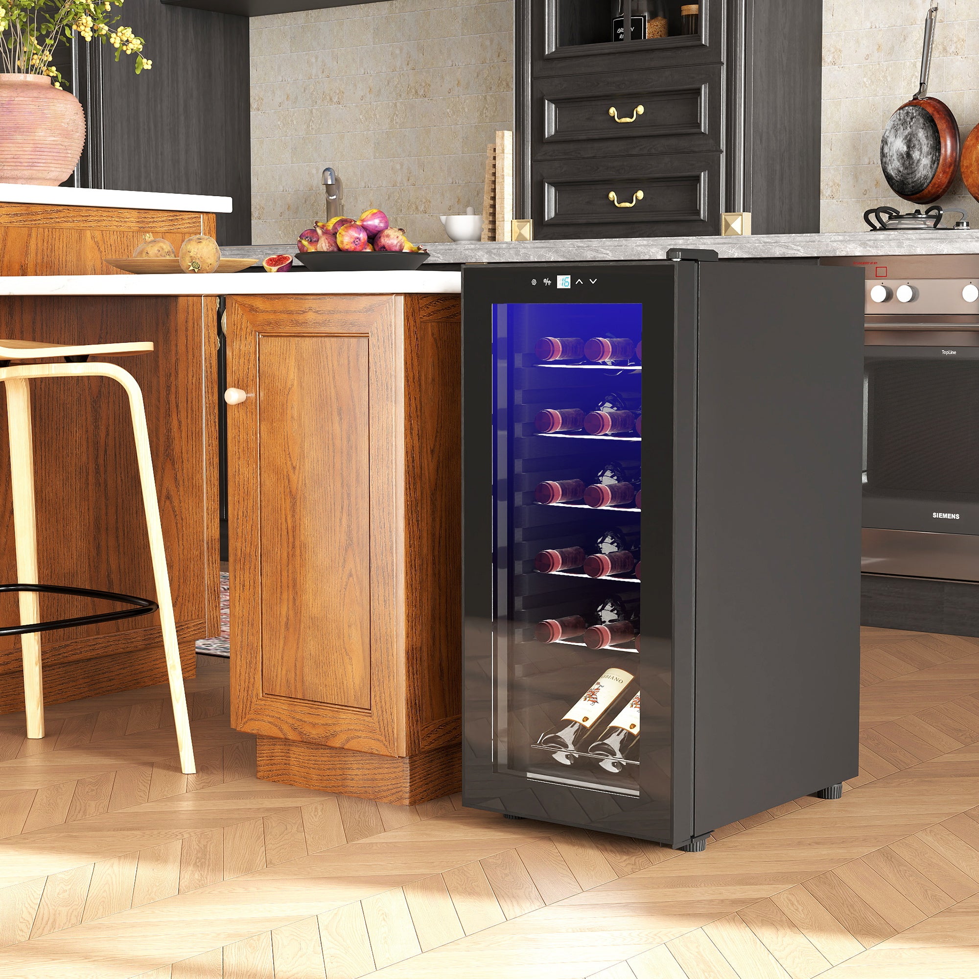 HOMCOM 50L Wine Cooler, 18 Bottles Freestanding Wine Fridge with Glass Door, LED Light, Temperature Control and Digital Touch Screen, Black - North Peak Garden Furniture