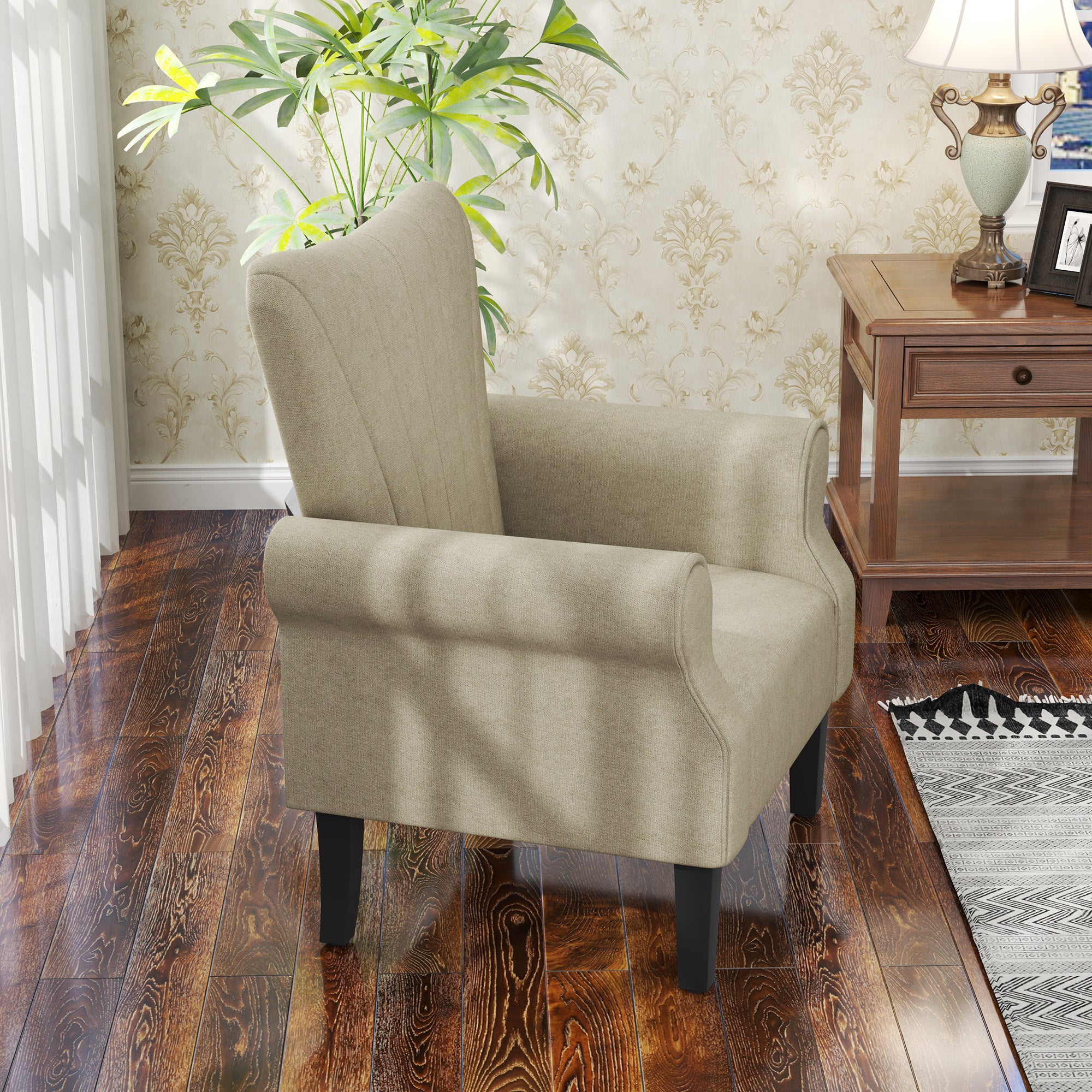 HOMCOM Upholstered Accent Chair with High Back, Rolled Arms and Wood Legs, Soft Thick Padded Armchair, Beige - North Peak Garden Furniture