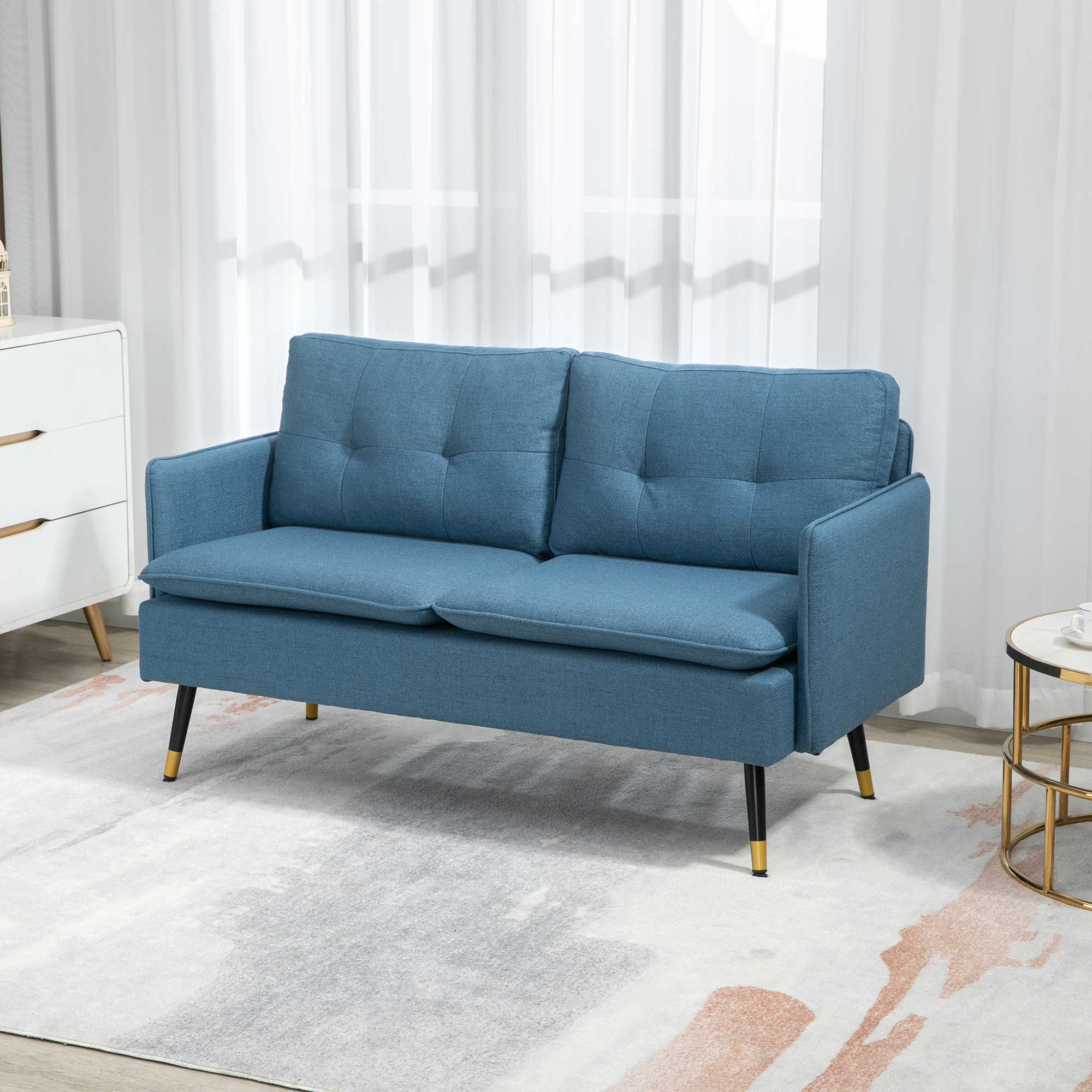 HOMCOM Modern Two Seater Sofa, Button Tufted Loveseat with Cushions and Steel Legs for Living Room, Guest Room, Dark Blue - North Peak Garden Furniture
