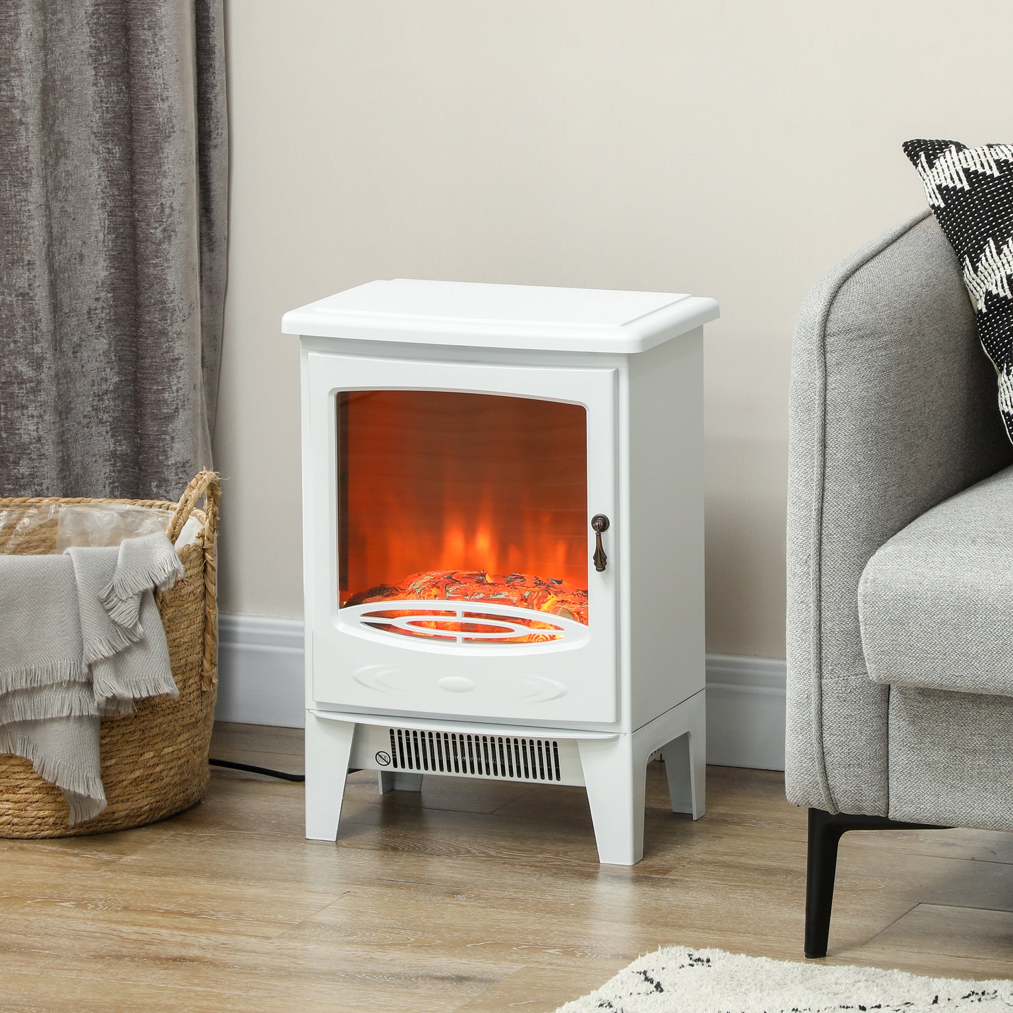 HOMCOM Electric Fireplace Stove, Freestanding Log Burner, 1000W/2000W, Portable Electric Fire Fan Heater with LED Flame Effect, Adjustable Thermostat, Glass, Overheat Protection， White