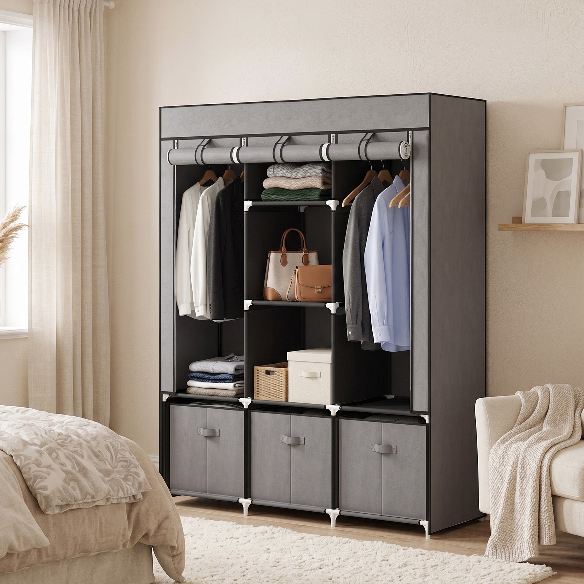 HOMCOM Fabric Wardrobe for Bedroom, Portable Wardrobe with 5 Shelves, 2 Hanging Rails and 3 Fabric Drawers, Foldable Closet, 125 x 43 x 162.5cm, Dark Grey