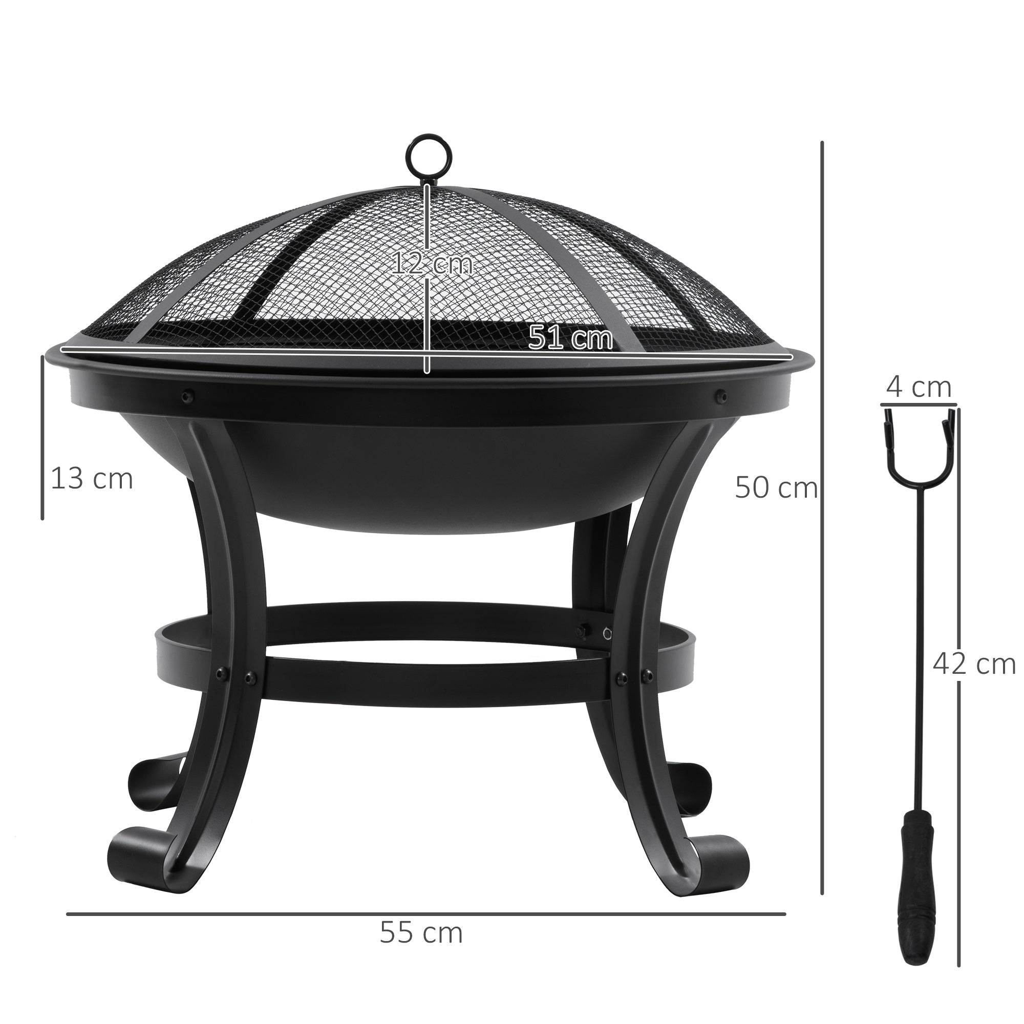 Outsunny Outdoor Fire Pit, Firepit with Mesh Lid, Poker, for Camping, Bonfire, Picnic, Black