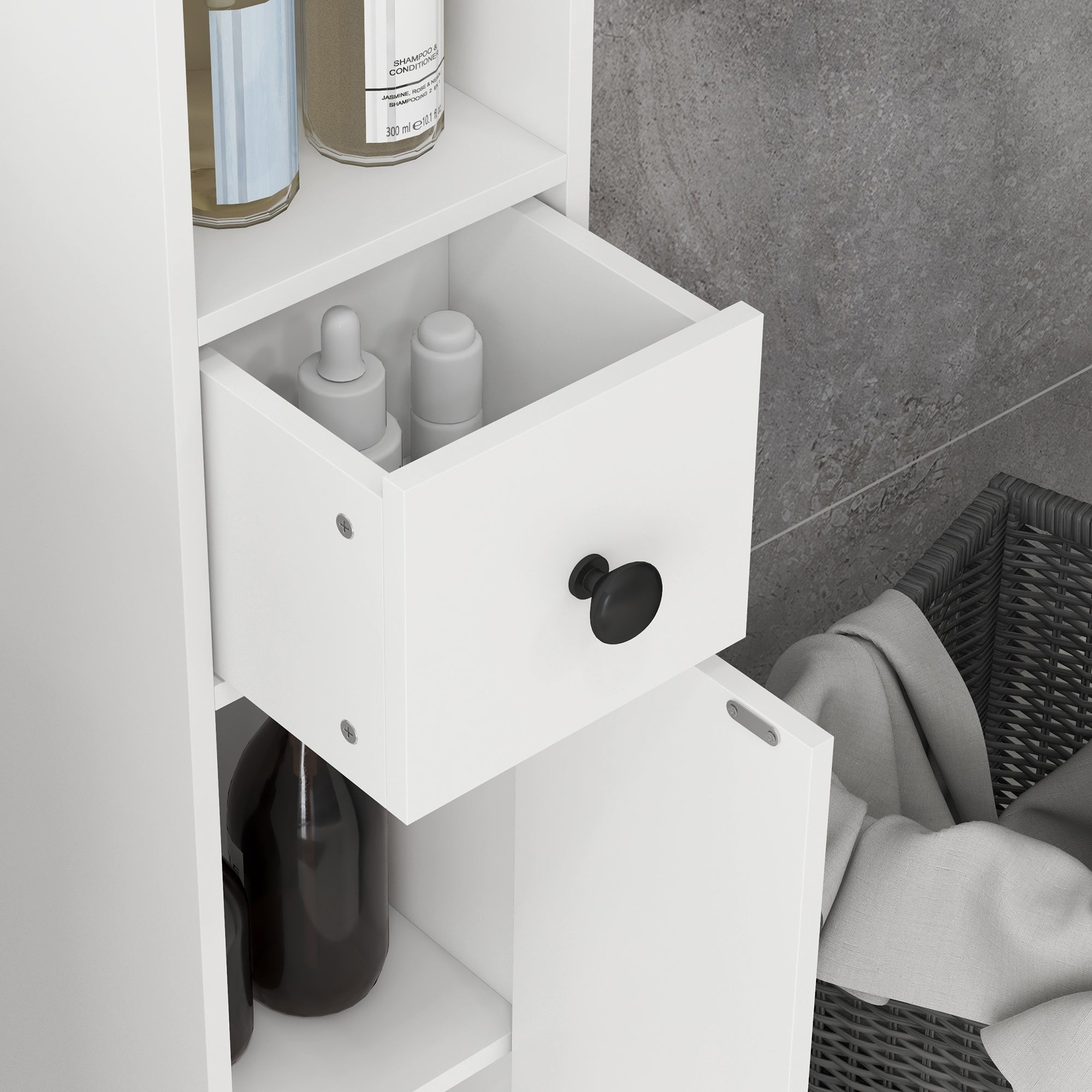 kleankin 180cm Tall Bathroom Cabinet, Slim Bathroom Storage Cabinet with 4 Open Shelves, 2 Door Cupboards and Adjustable Shelves, White - North Peak Garden Furniture