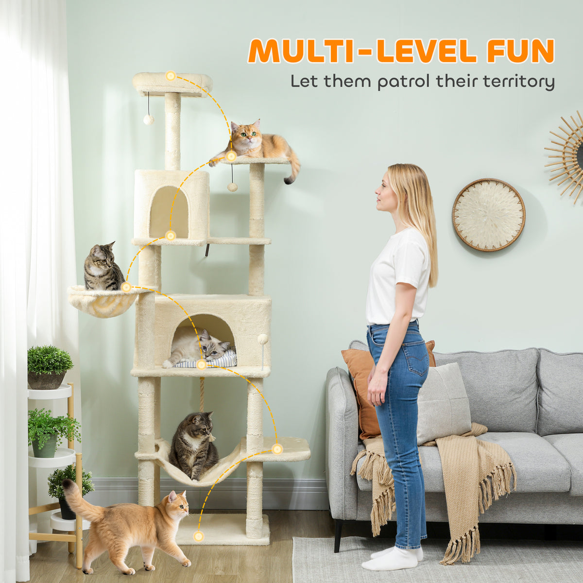 PawHut 202cm Cat Tree with 6 Scratching Posts, 2 Hammocks, 2 Condos, 2 Perches, Pompoms, for Cats to Rest and Play, Beige