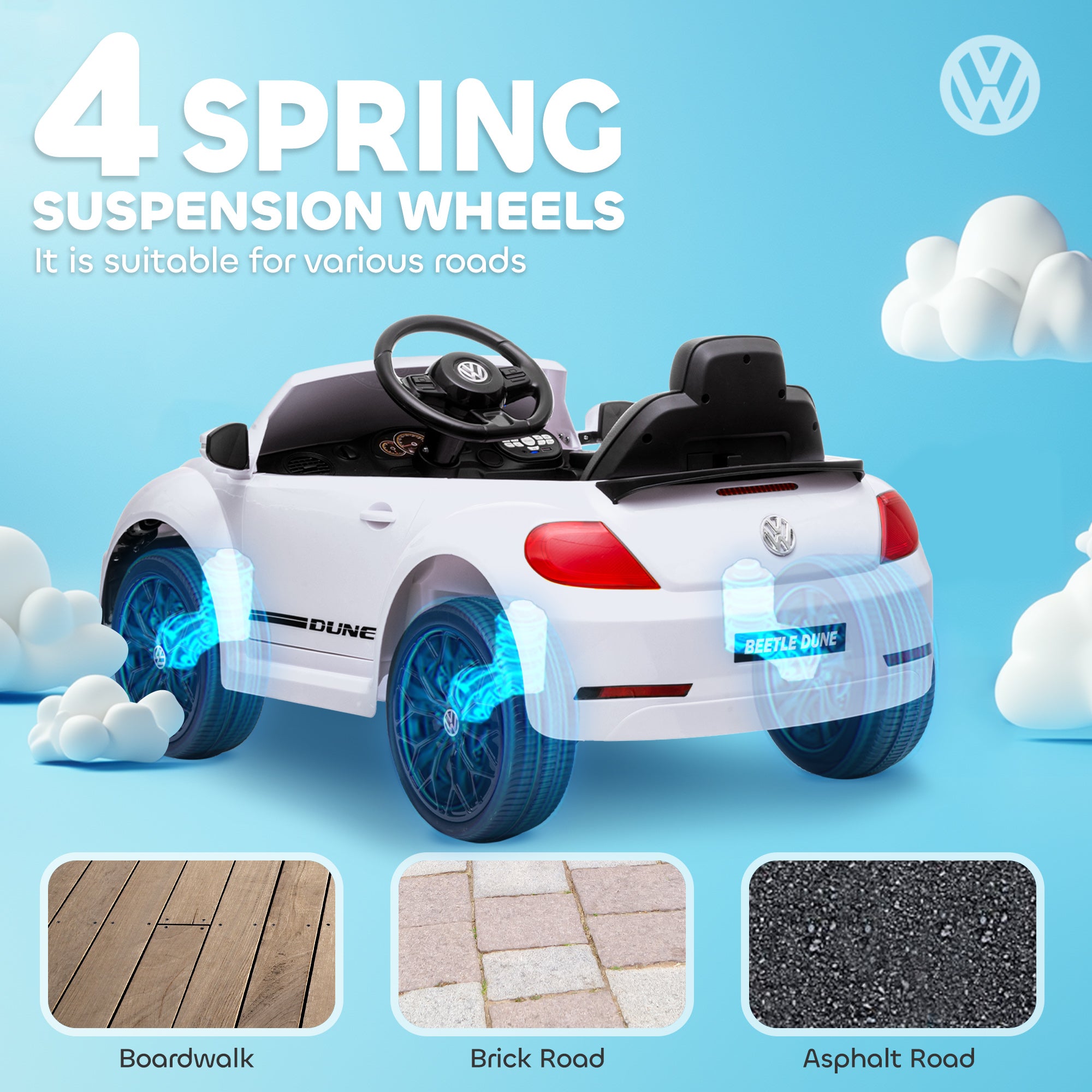 AIYAPLAY Volkswagen Beetle Licensed 12V Ride on Car w/ Remote Control, Suspension Wheels, Soft Start, Lights, Music, White - North Peak Garden Furniture