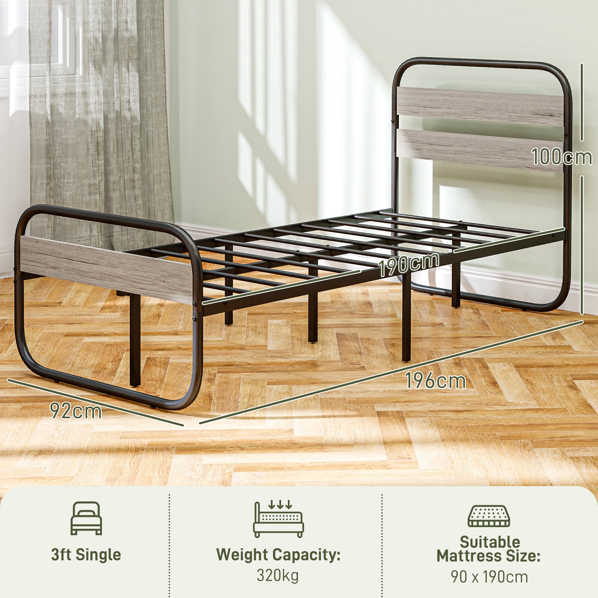 HOMCOM 3ft Single Bed Frame, Industrial Style Metal Platform Bed Frame with Under Bed Storage, No Box Spring Needed, Easy Assembly, Grey - North Peak Garden Furniture