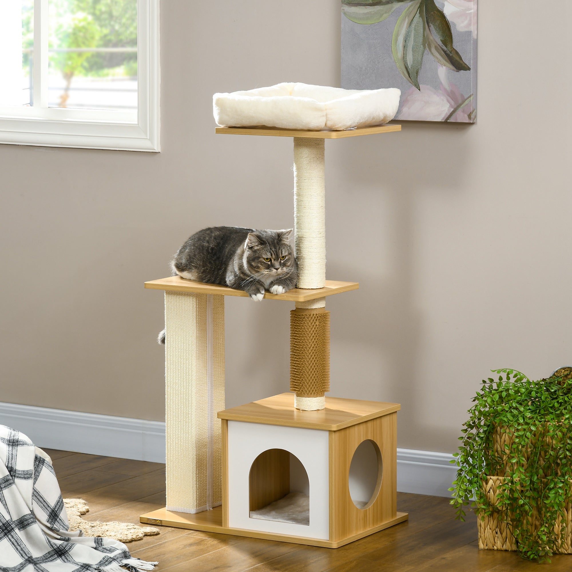 PawHut Cat Tree: Multi-Level Scratching Post, House & Perches in Oak Tone for Feline Fun | Aosom UK