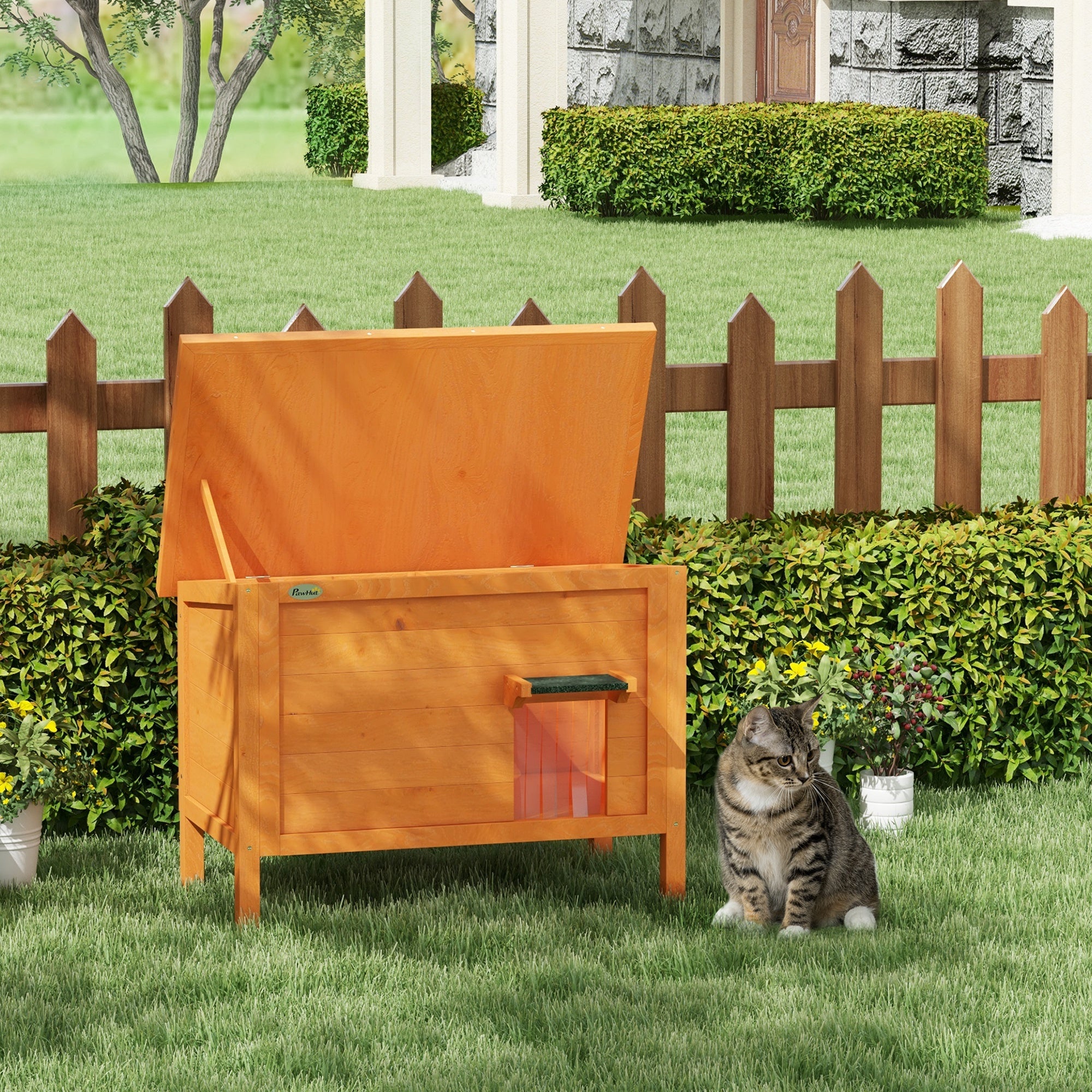 PawHut Feral Cat House, Wooden Insulated with Removable Floor, Water-Resistant Openable Roof - Orange - North Peak Garden Furniture