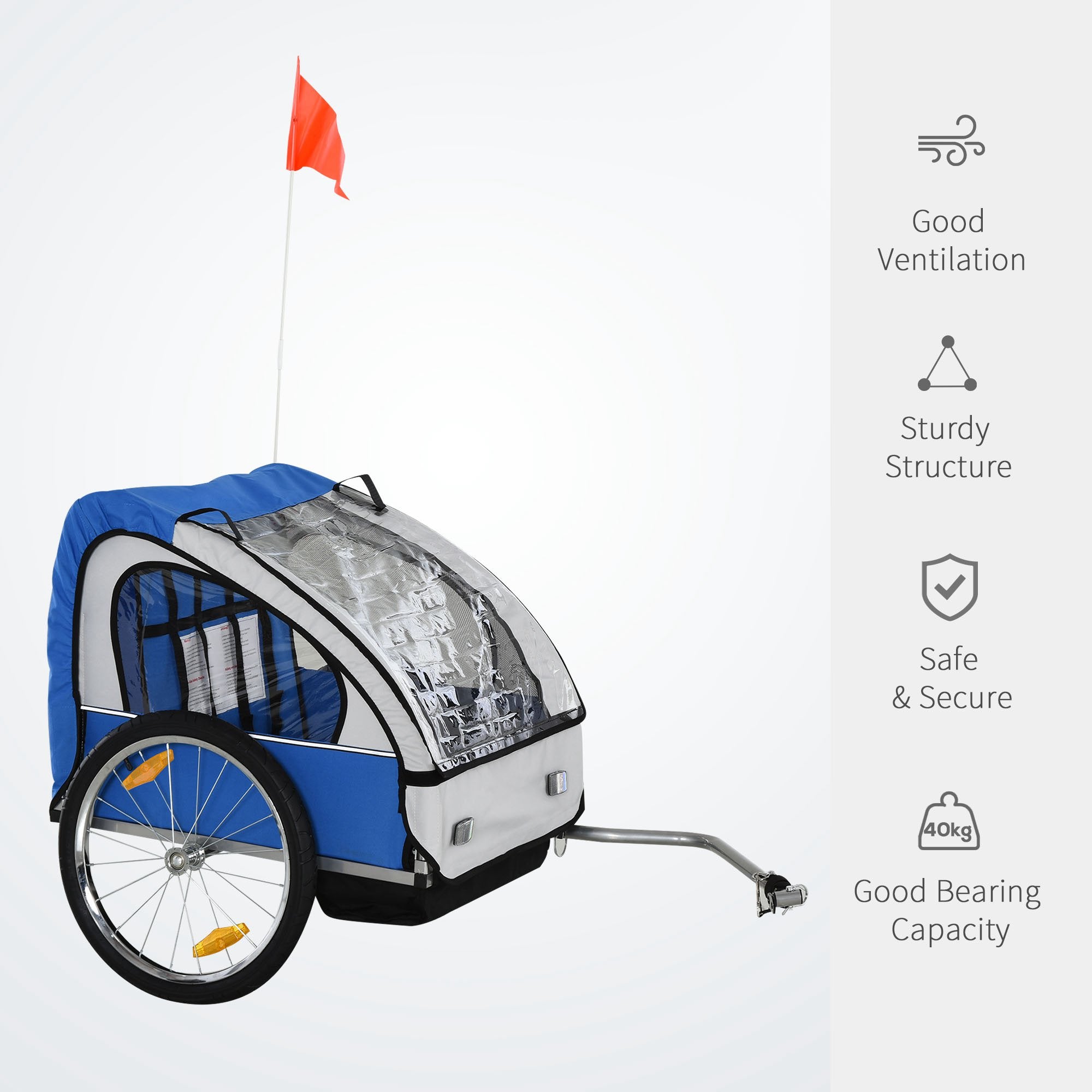 HOMCOM 2 Seat Bike Trailer Bicycle wagon for Kids Child Steel Frame Safety Harness Seat Carrier Blue White 130 x 76 x 88 cm