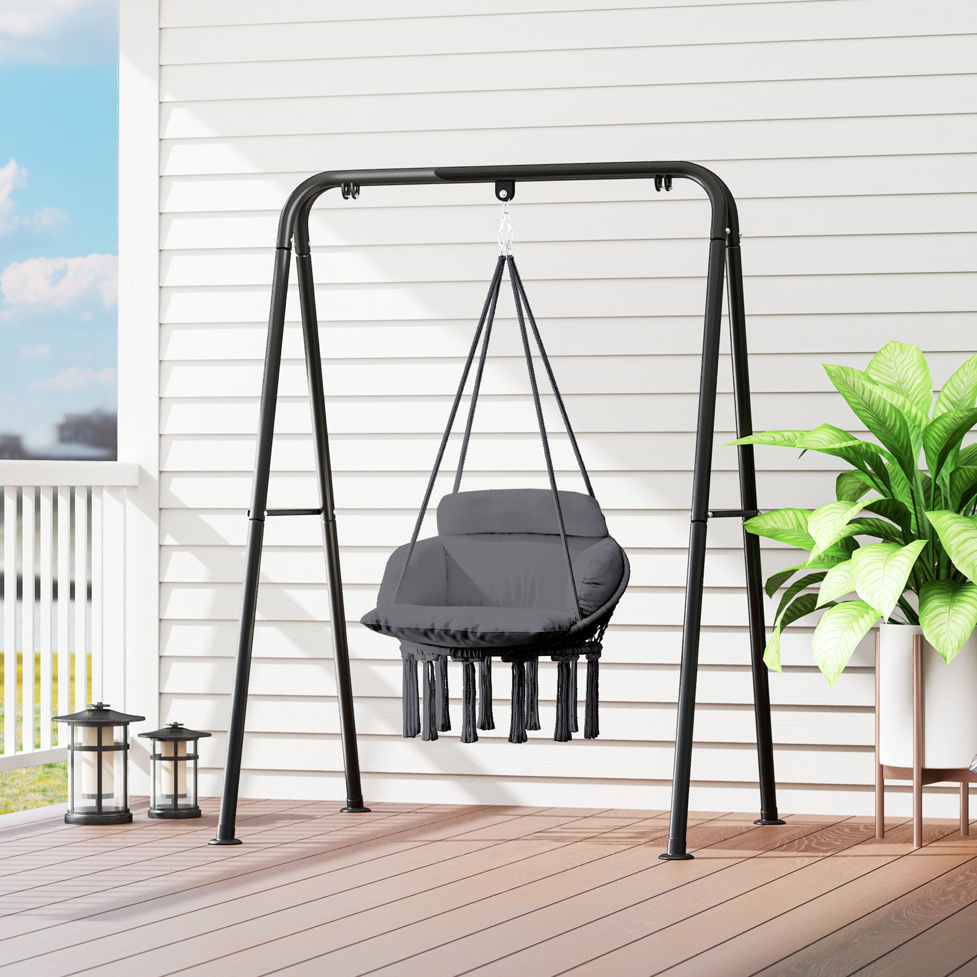 Outsunny Hanging Chair Outdoor Hammock Chair with Soft Cushion, Cotton Rope Boho Style Swing Chair, Hanging Garden Swing Seat for Indoor Outdoor, Dark Grey - North Peak Garden Furniture