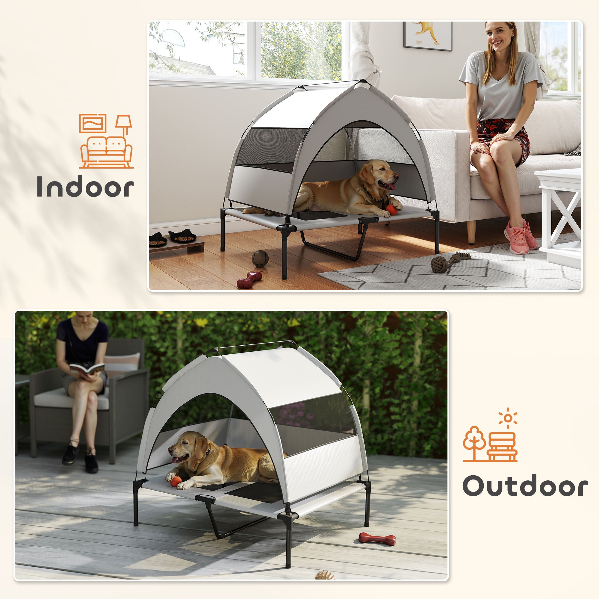PawHut Portable Elevated Dog Bed with Removable Canopy, Cooling Raised Pet Cot for Medium Large Dogs, 92 x 75 x 89 cm - North Peak Garden Furniture