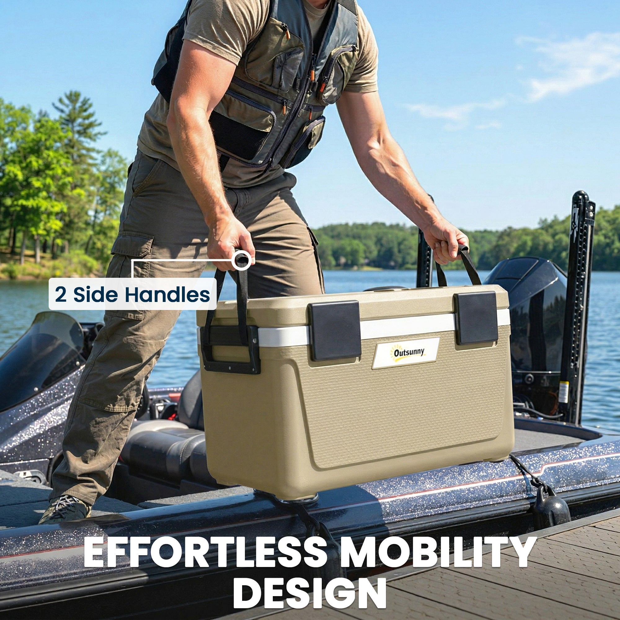Outsunny 42.6L Insulated Cool Box, Lightweight Portable Ice Cooler with Handle, Lid and Drain Valve, Khaki