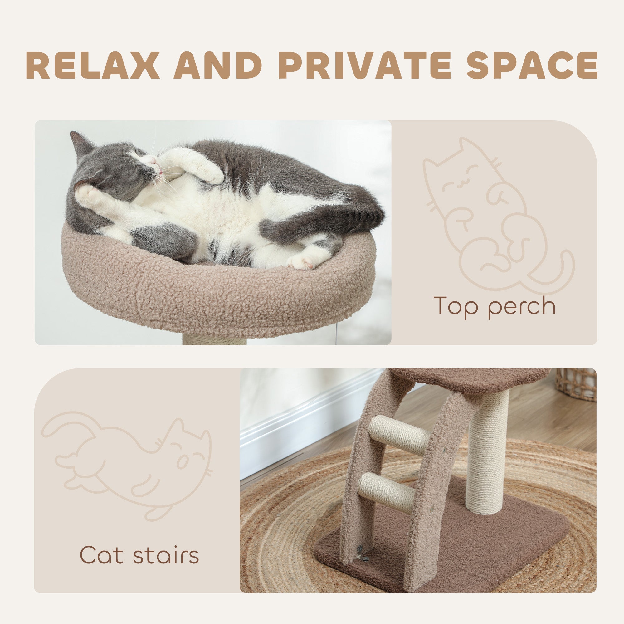 PawHut Cat Tee for Indoor Cats, 88cm Cat Tower with Sisal Scratching Post, Hanging Ball, Large Cat Perch, Stairs, Brown - North Peak Garden Furniture