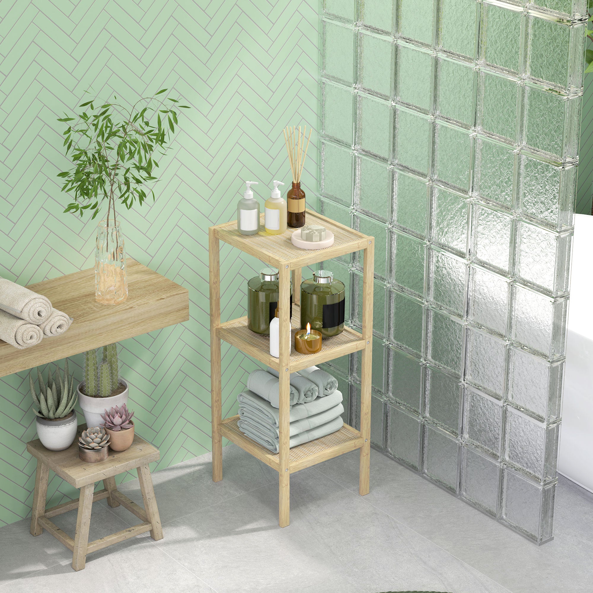 HOMCOM 3-Tier Bamboo Bathroom Storage Shelves, Freestanding Storage Shelving Unit, Multifunctional Display Plants Stand Shelf Rack Organiser, Natural - North Peak Garden Furniture