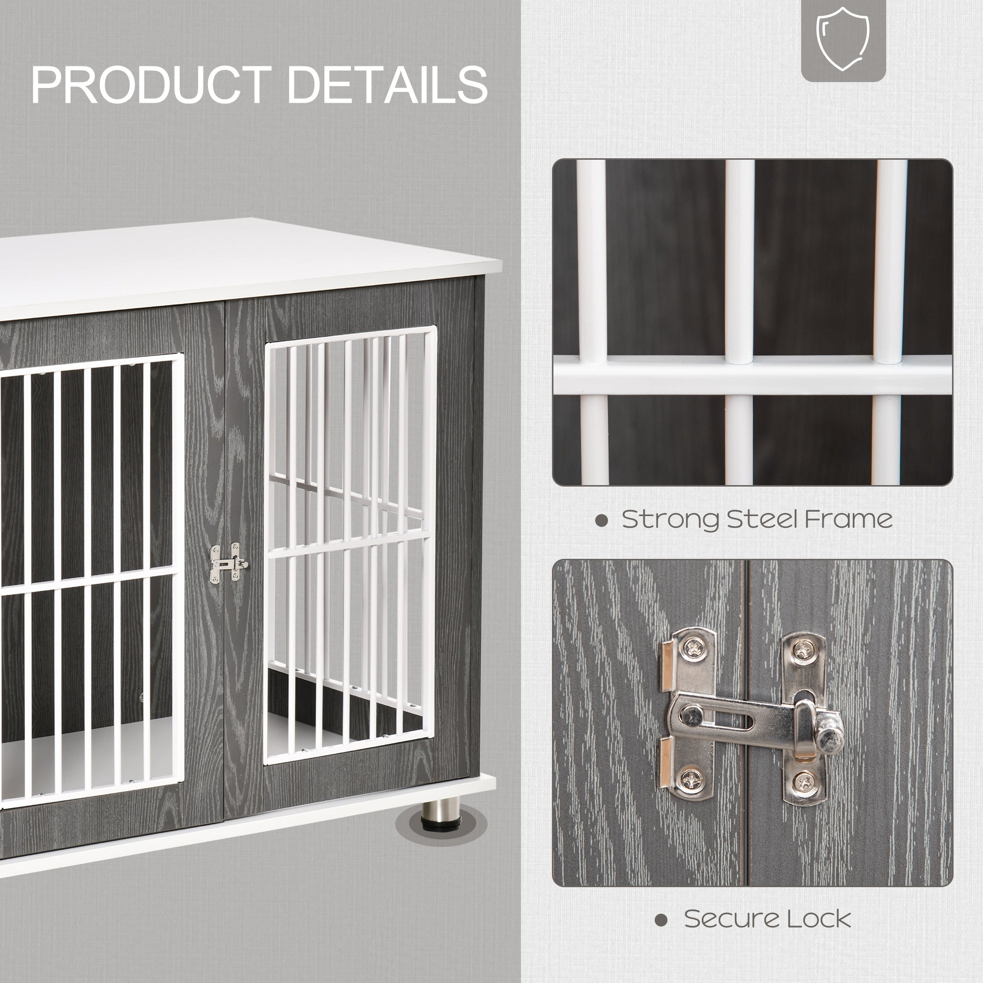 PawHut Dog Crate Wooden Pet Kennel Cage End Table w/ Lockable Door for Small Medium Dog Grey & White 85 x 55 x 75 cm - North Peak Garden Furniture
