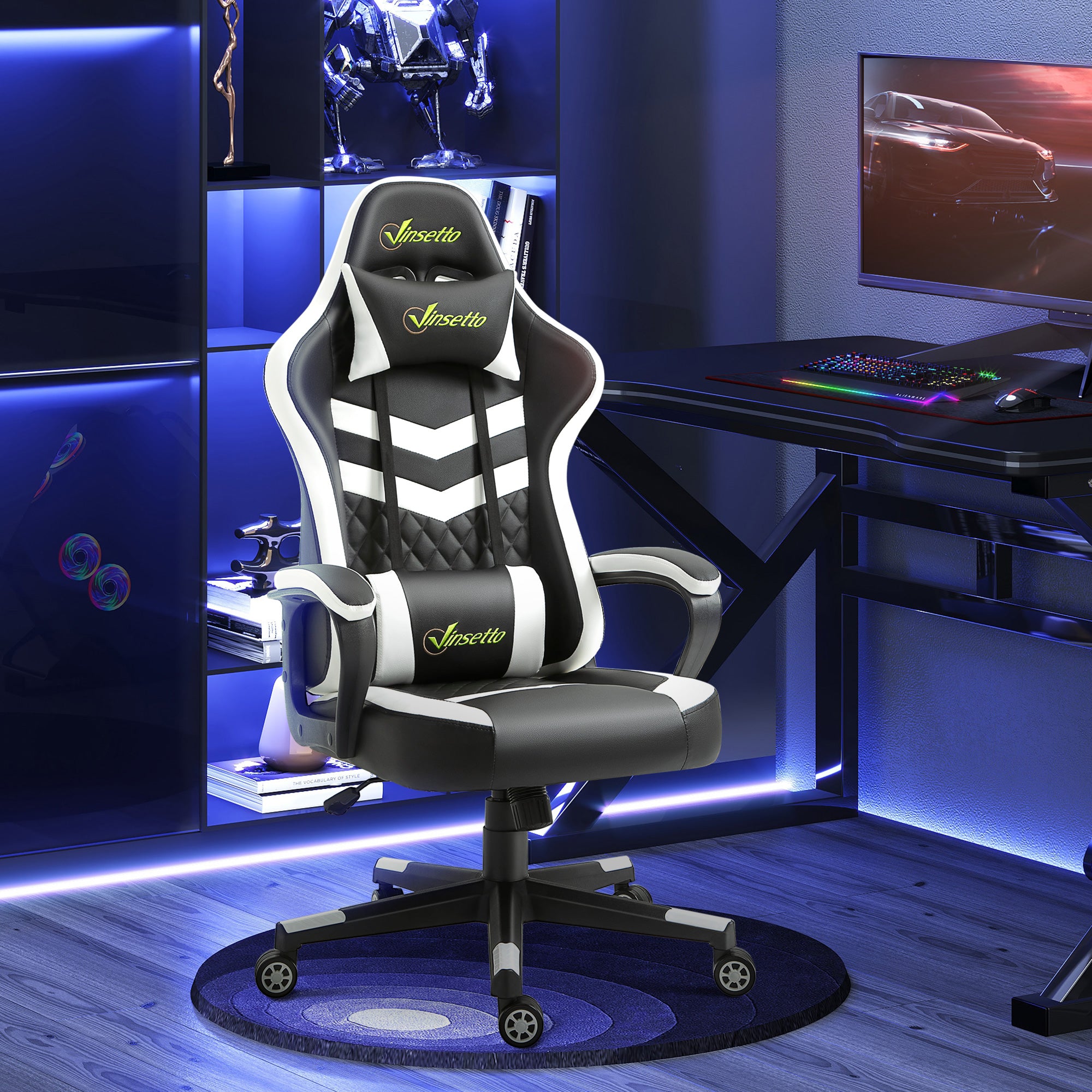 Vinsetto Gaming Chair, Computer Desk Chair with Lumbar Support, Faux Leather Racing Chair with Headrest and Swivel Wheels for Home Office, Black White - North Peak Garden Furniture
