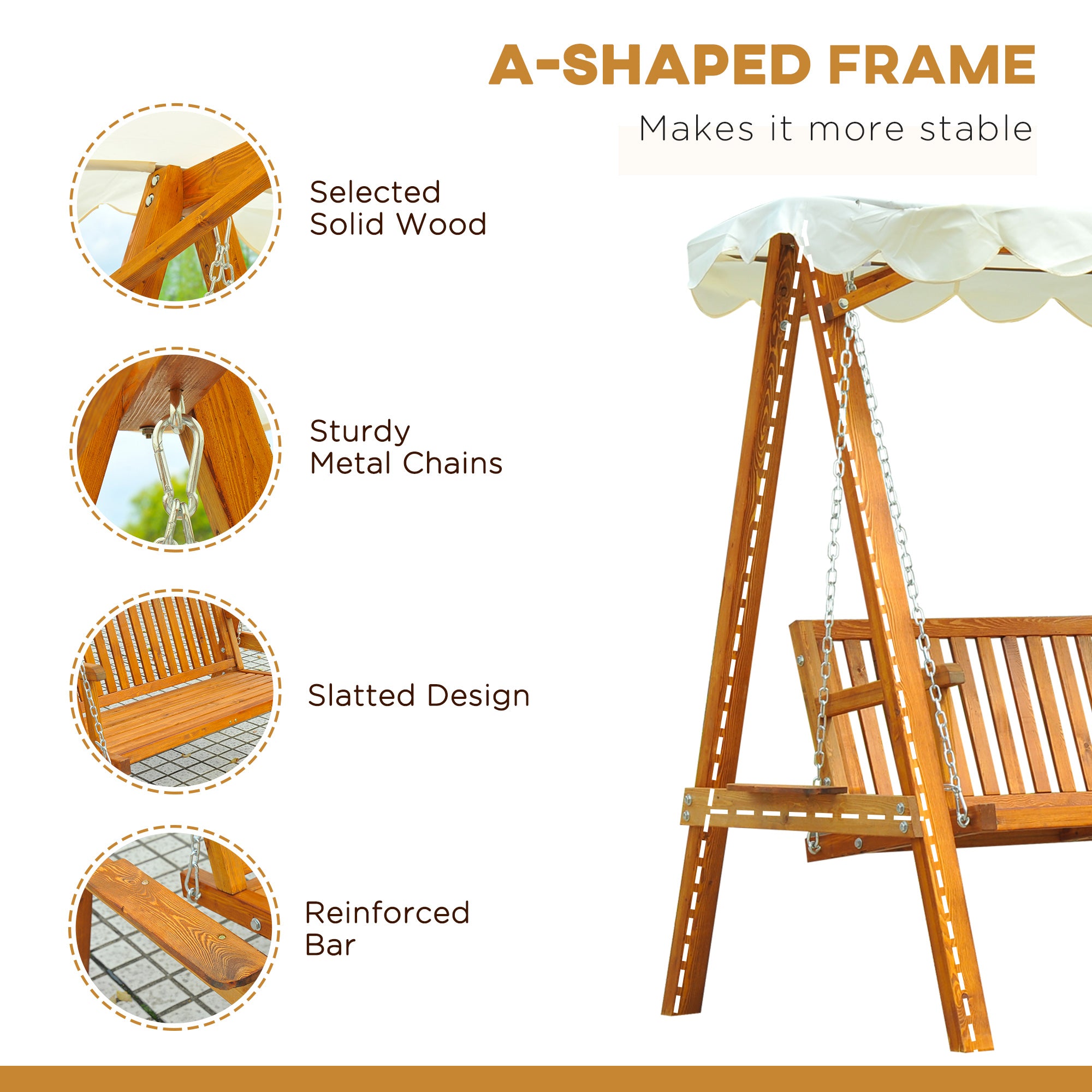 Outsunny 2 Seater Garden Swing Seat with Canopy, Wooden Swing Chair, Outdoor Hammock Bench for Balcony Patio Porch, Cream White