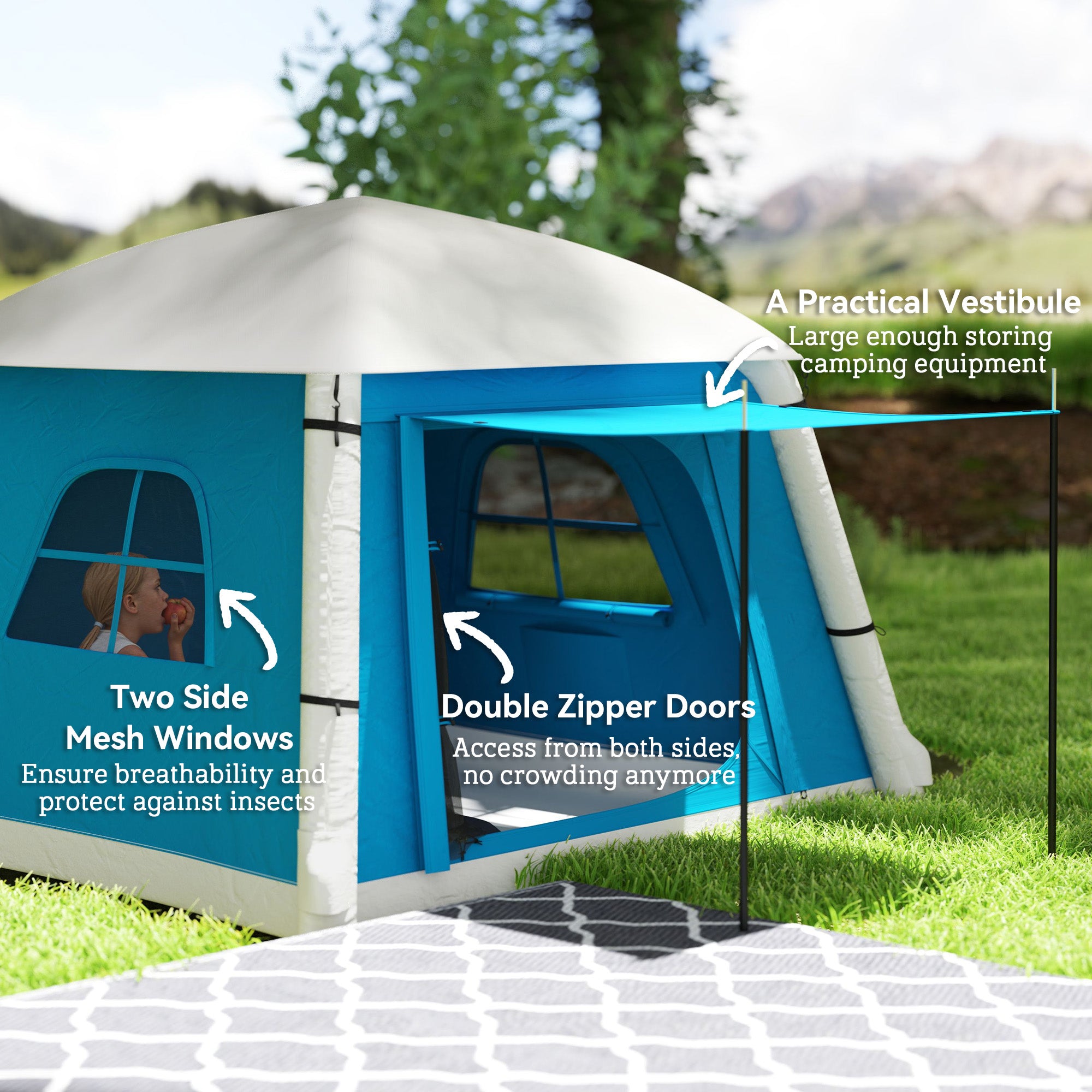 Outsunny Inflatable Camping Tent w/ Hand Pump, Easy Setup 1/2 Person Blow Up Tent Waterproof 190T Taffeta w/ Mesh Windows, Doors and Carry Bag, Light Blue - North Peak Garden Furniture
