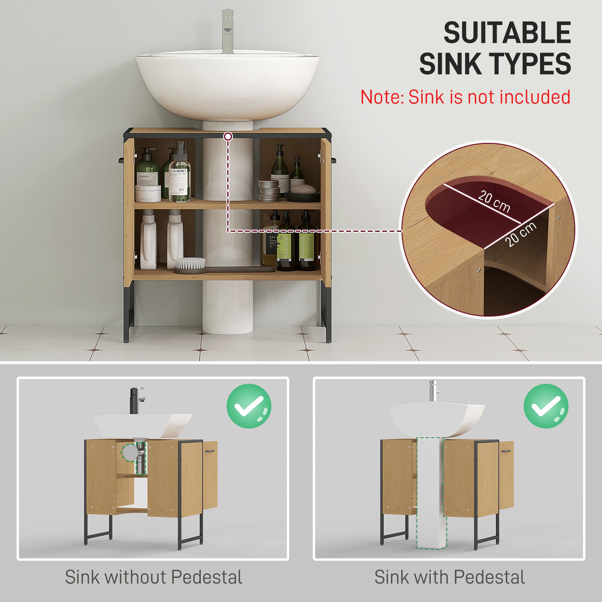 HOMCOM Bathroom Vanity Unit, Under Sink Storage Cabinet with Soft-Close Doors for Basin without or with Pedestal, Natural - North Peak Garden Furniture