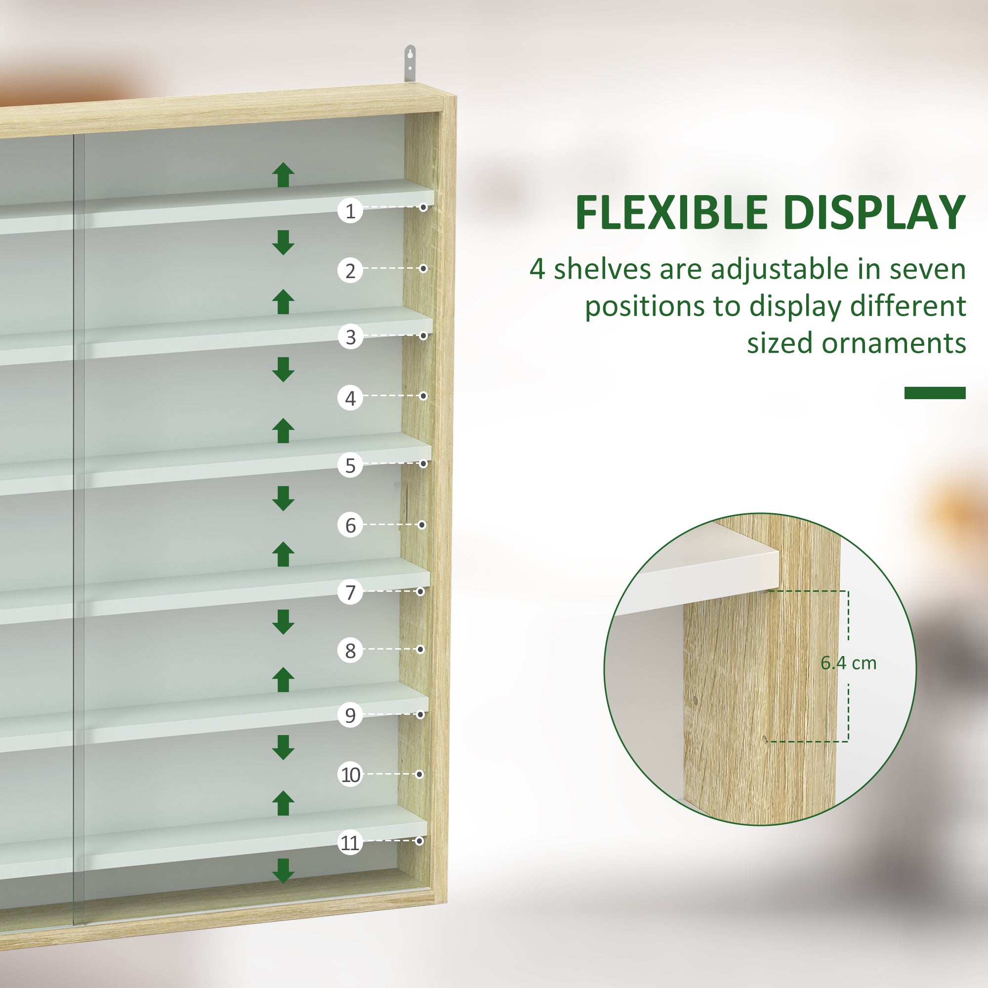 HOMCOM 7-Tier Wall Display Shelf Unit Cabinet w/ 6 Adjustable Shelves Glass Doors Home Office Ornaments 83x80cm, Oak - North Peak Garden Furniture