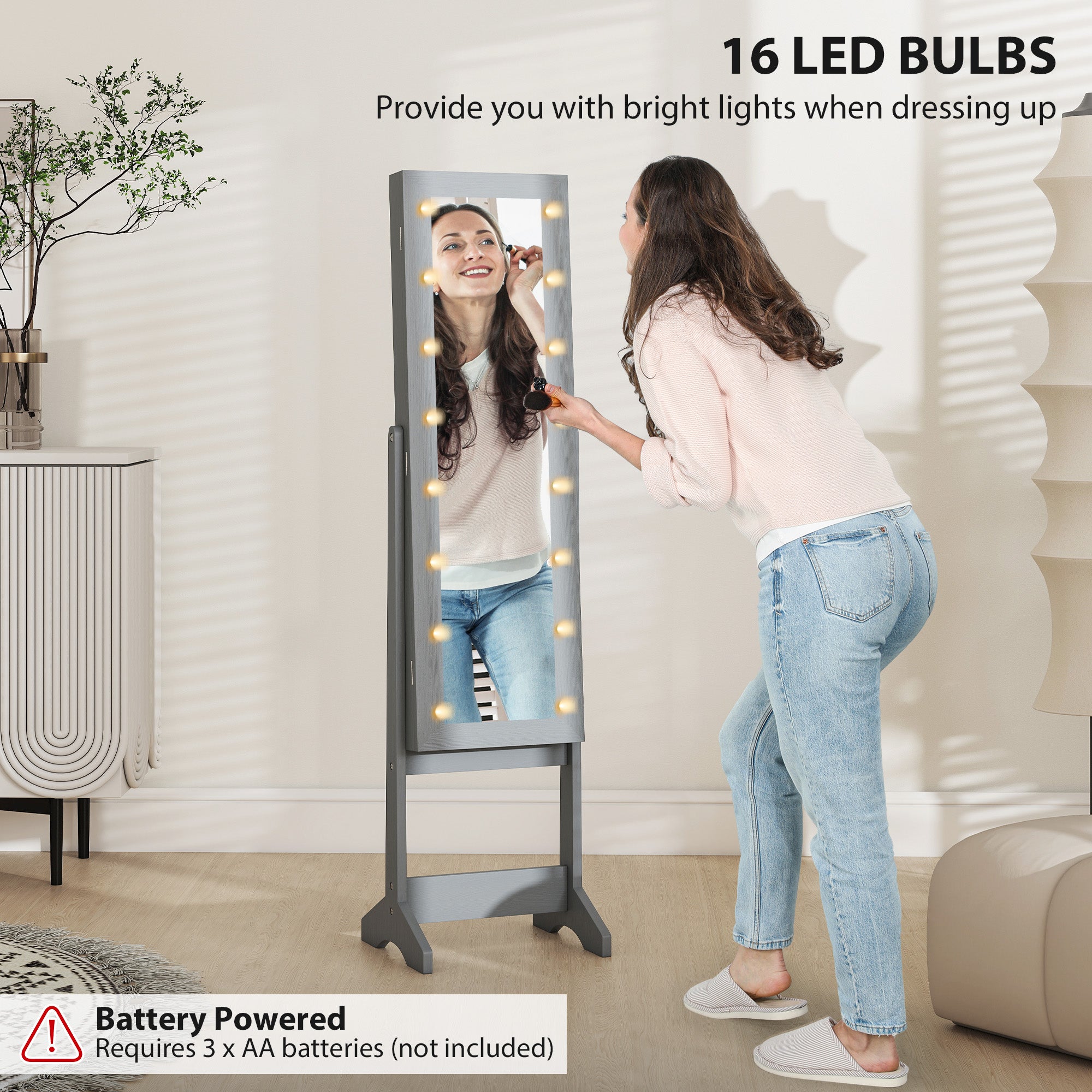 HOMCOM Free Standing Mirror Jewelry Cabinet with LED Lights, Jewellery Organiser with 3 Angle Adjustable, Full-Length Mirror with Storage for Earrings, Necklaces, Rings and Lipsticks, Grey