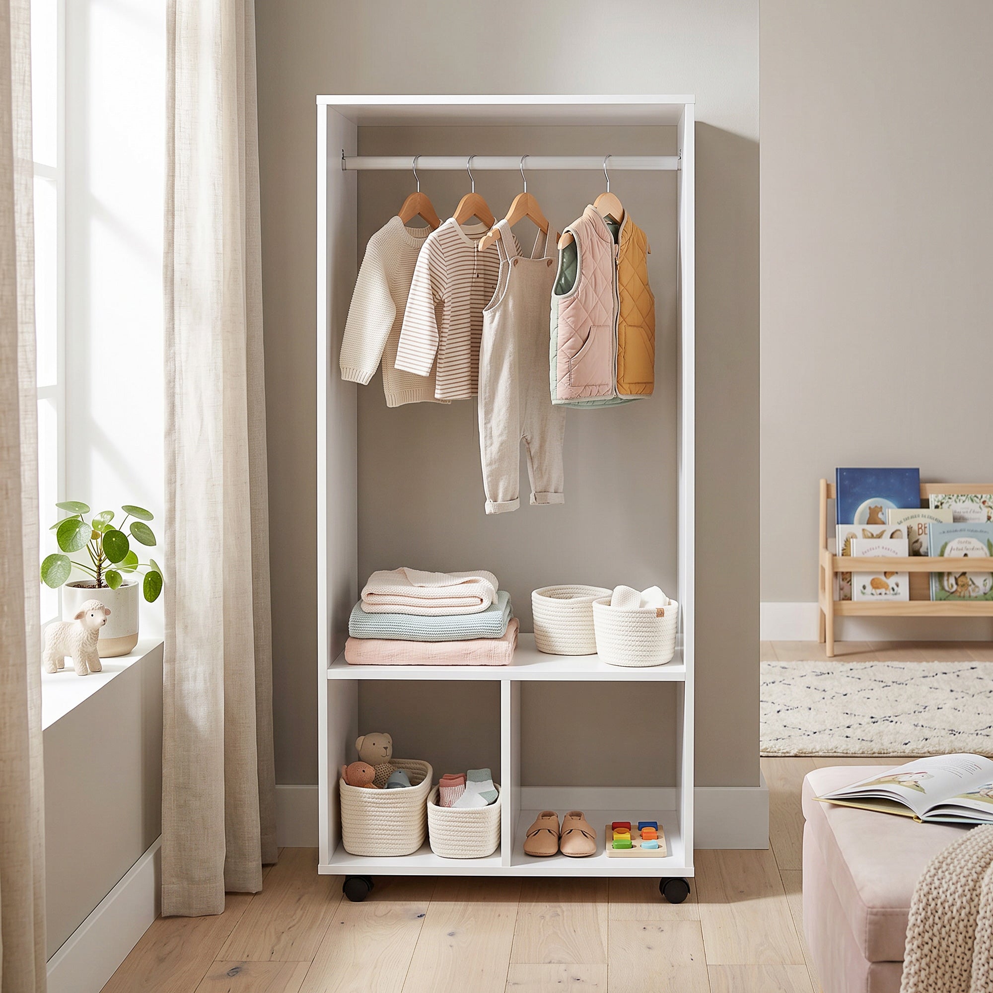 HOMCOM Open Wardrobe for Bedroom, Small Wardrobe on Wheels with Clothes Rail, Storage Shelves, Mobile Garment Rack for Clothes Storage, Cloakroom, Hallway, White