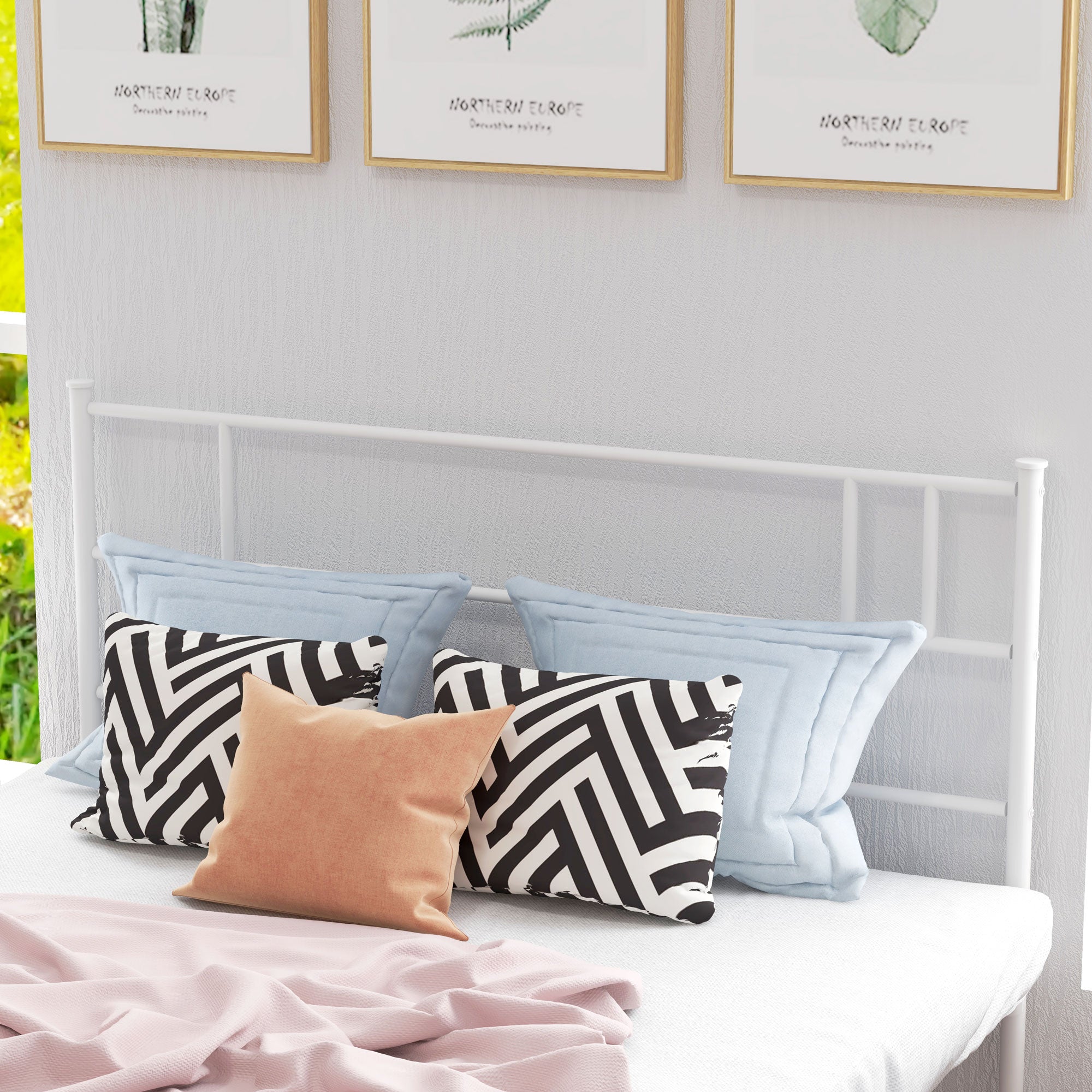 HOMCOM Double Metal Bed Frame Solid Bedstead Base with Headboard and Footboard, Metal Slat Support and Underbed Storage Space, Bedroom Furniture, White - North Peak Garden Furniture