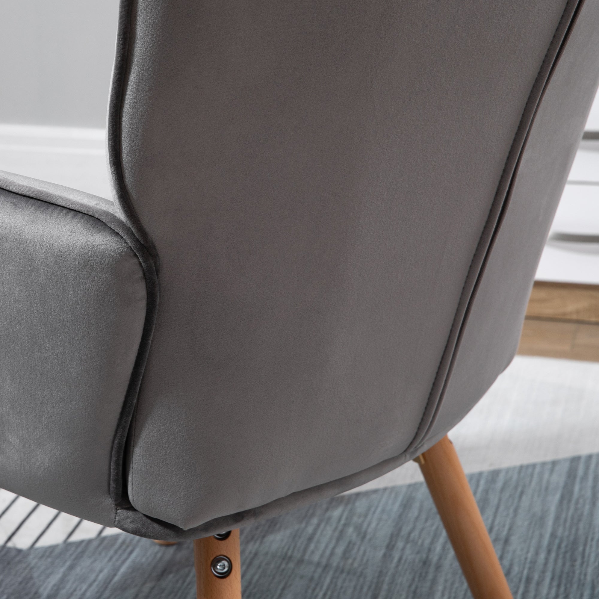HOMCOM Modern Accent Chair Velvet-Touch Tufted Wingback Armchair Upholstered Leisure Lounge Sofa Club Chair with Wood Legs, Grey - North Peak Garden Furniture