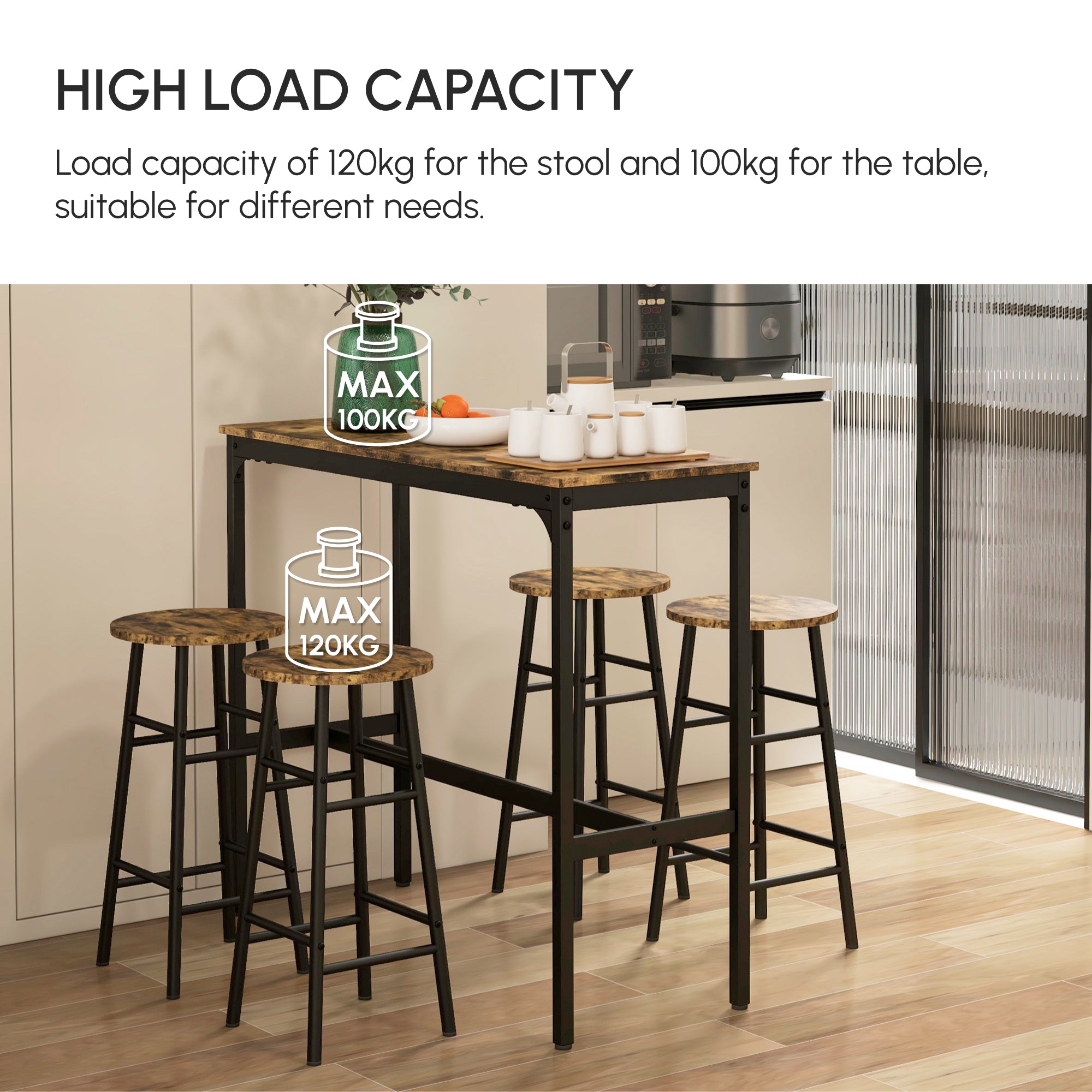 HOMCOM 5 Piece Bar Table Set with 4 Stools, Industrial Bar Table and Stool Set, Dining Table and Chair Set, Rustic Brown - North Peak Garden Furniture