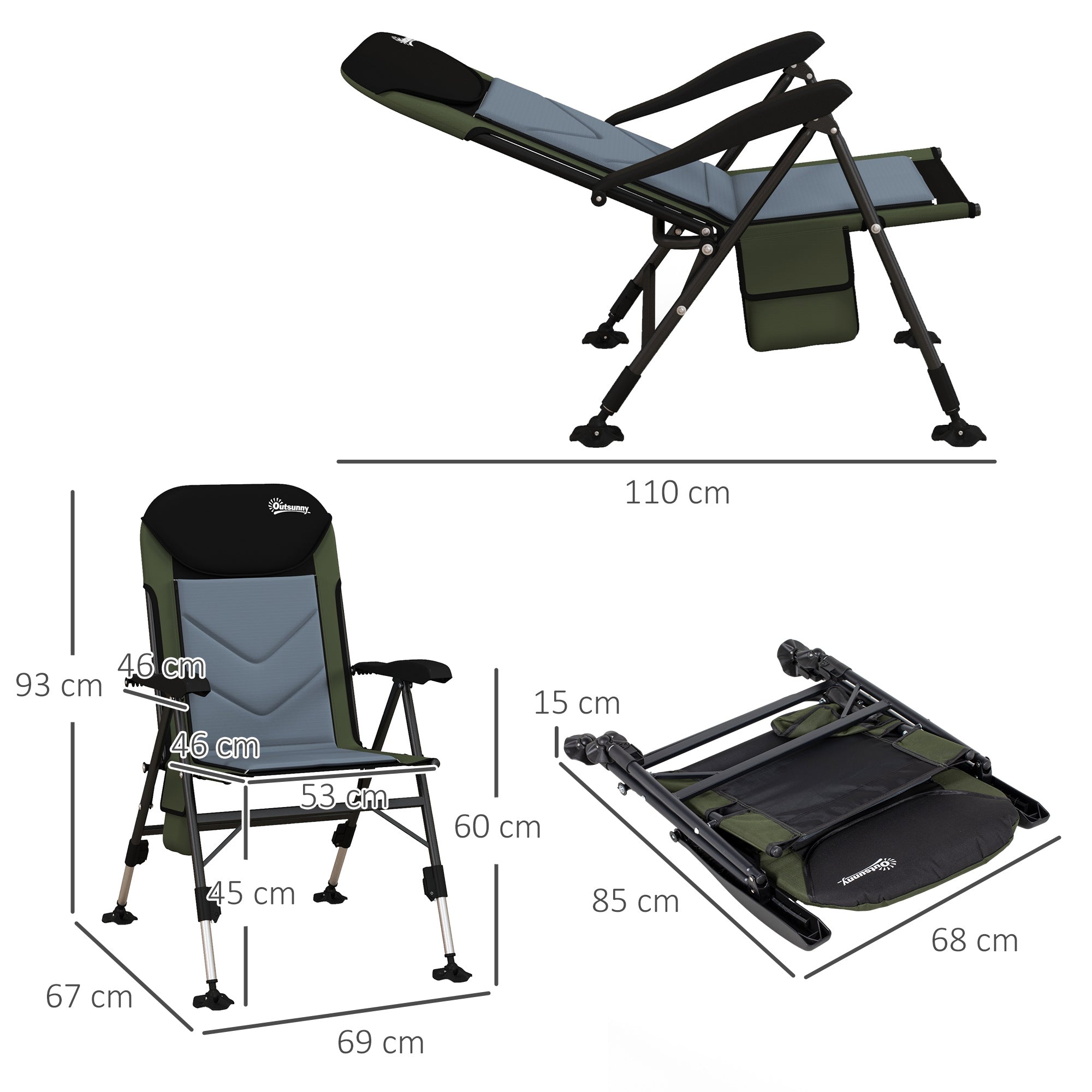 Outsunny Foldable Metal Frame Fishing Chair, with Adjustable Legs - Green/Black - North Peak Garden Furniture