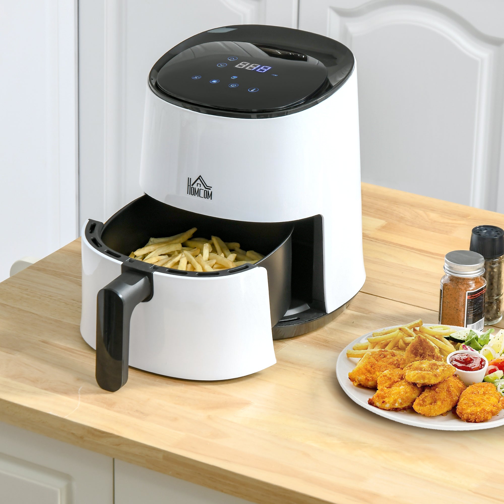 HOMCOM 2.5L Air Fryer, 1300W Air Fryer Oven with Digital  Touch Display, Rapid Air Circulation, Adjustable Temperature, Timer and Dishwasher Safe Basket for Oil Less or Low Fat Cooking, White