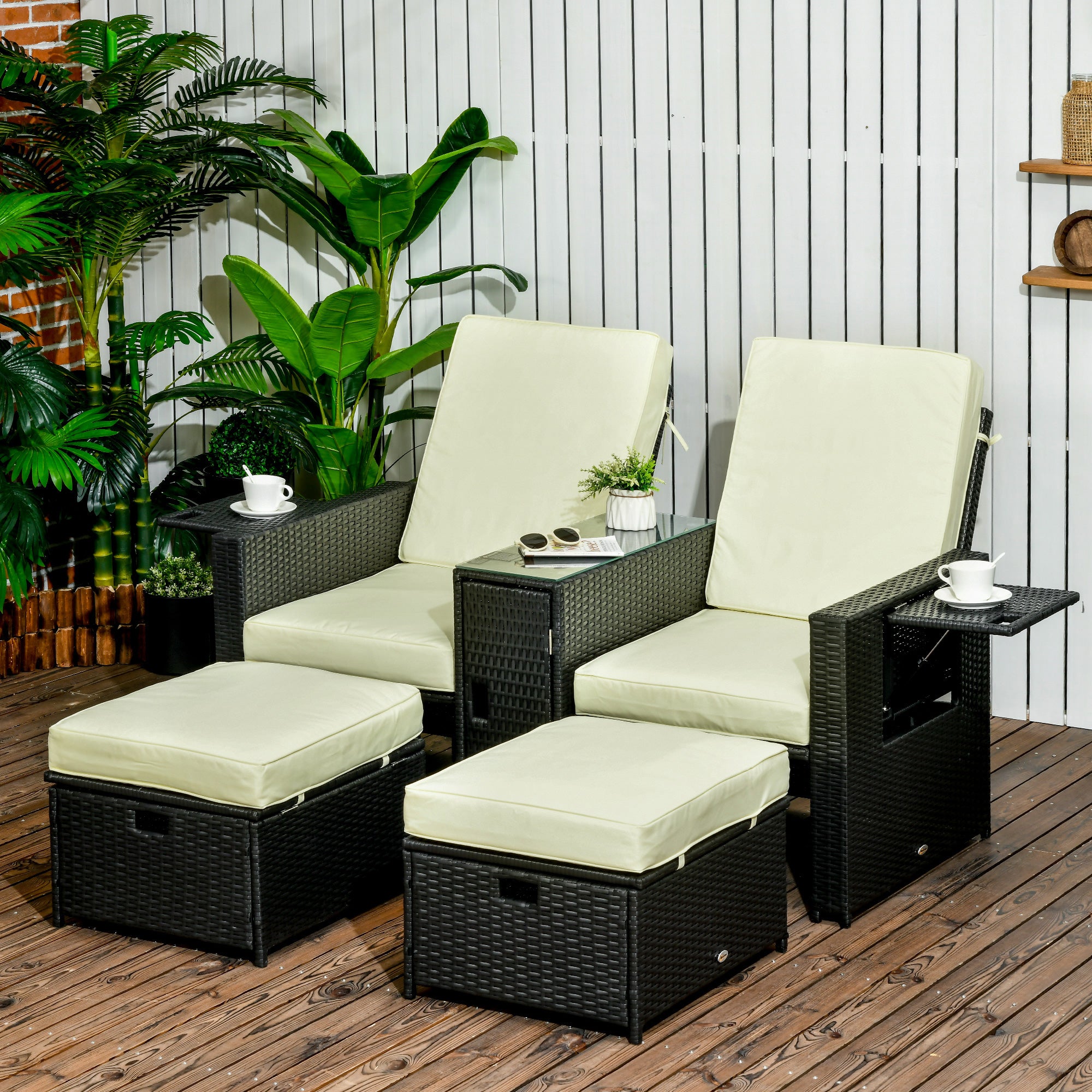 Outsunny 5PC PE Rattan Sun Lounger, Outdoor Wicker 5-level Adjustable Recliner Sofa Bed with Storage Side Table and Footstools, for Patio, Garden, Poolside, Black - North Peak Garden Furniture
