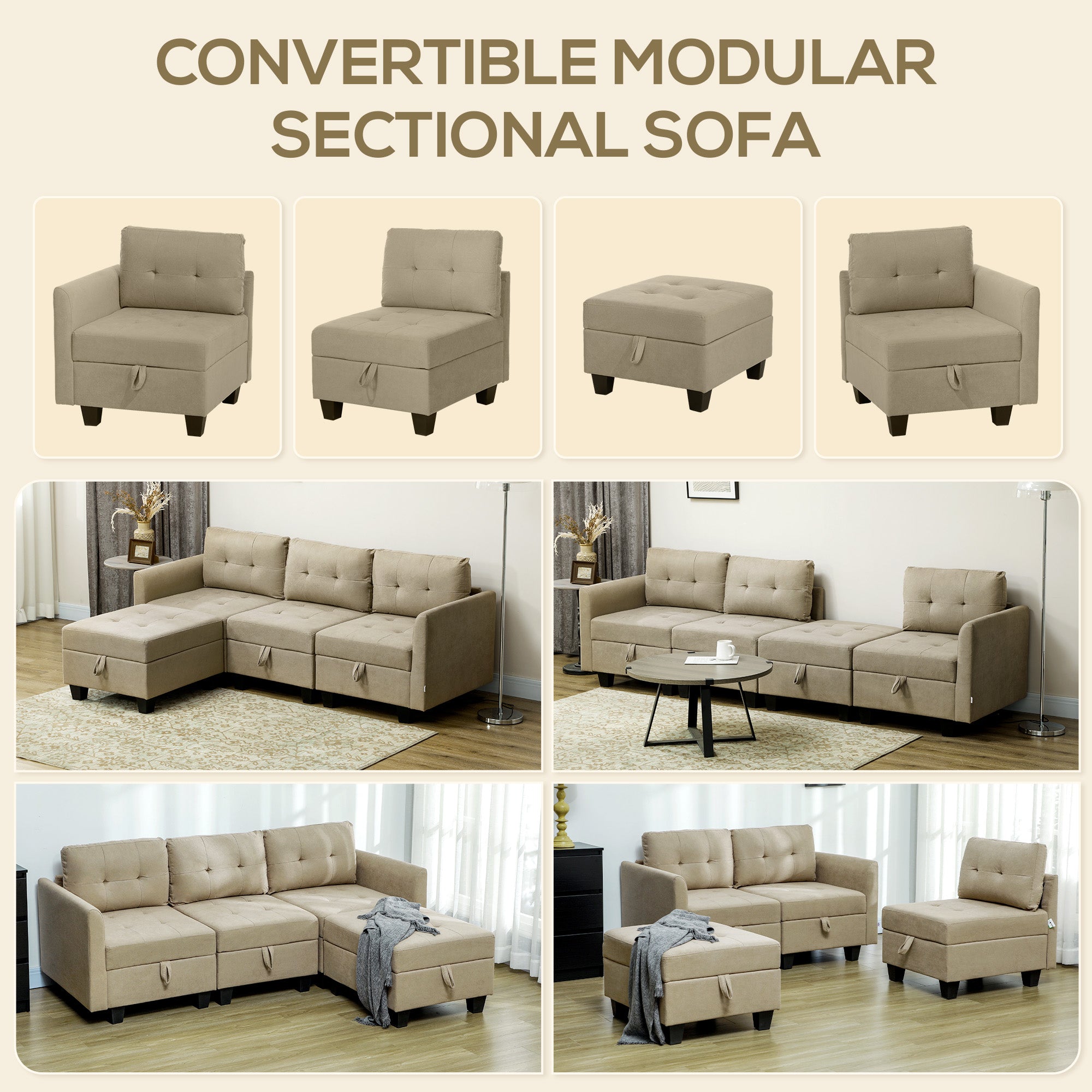 HOMCOM 'L' Shape Modular Sofa, with Storage - Light Brown - North Peak Garden Furniture