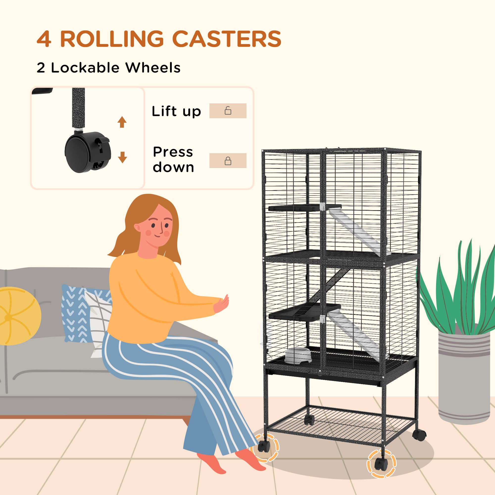 PawHut Rolling Chinchilla Cage, Small Animal Cage for Ferrets w/ Three Doors, Storage, Shelf, Tray Tray, Bowl, Water Bottle - North Peak Garden Furniture
