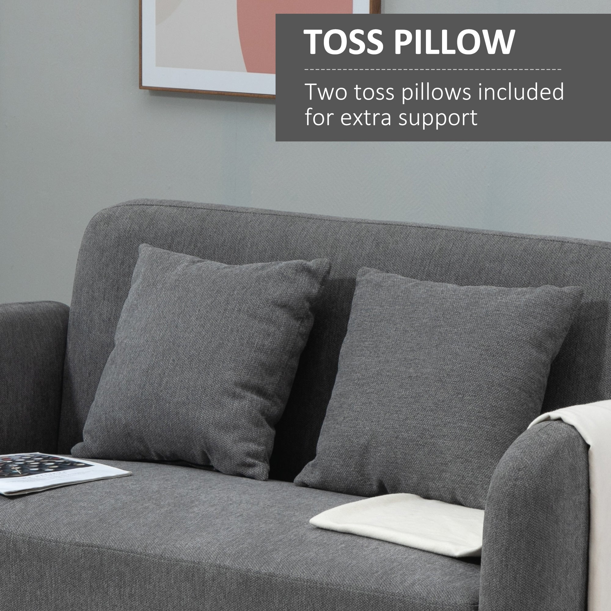 HOMCOM 2 Seater Sofa, Modern Fabric Loveseat Sofa, Small Couch with 2 Pillows, Armrest and Wood Legs for Living Room, Bedroom, Home Office, Grey - North Peak Garden Furniture