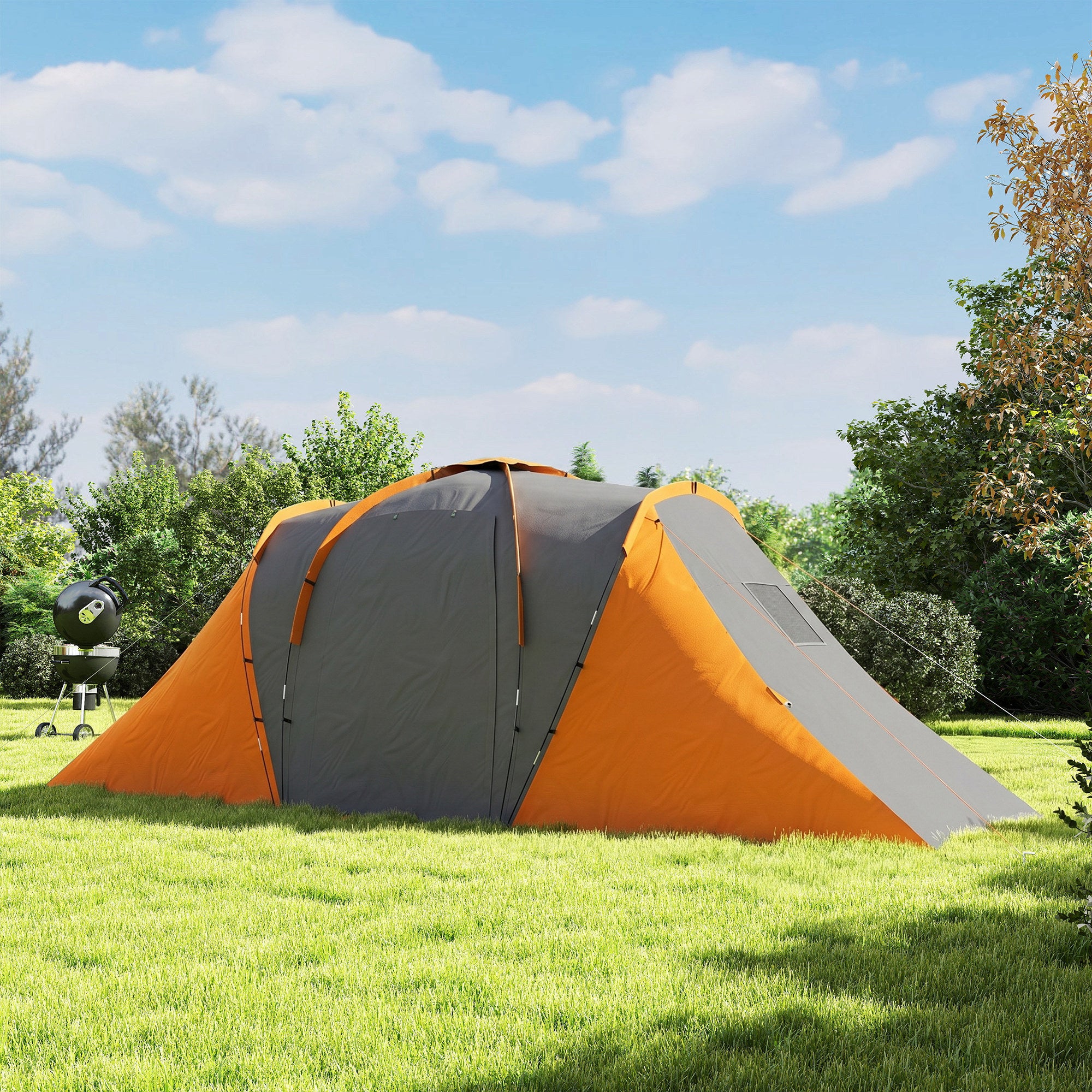 Outsunny Large Camping Tent Tunnel Tent with 2 Bedroom and Living Area, 2000mm Waterproof, Portable with Bag for 4-6 Man, Orange