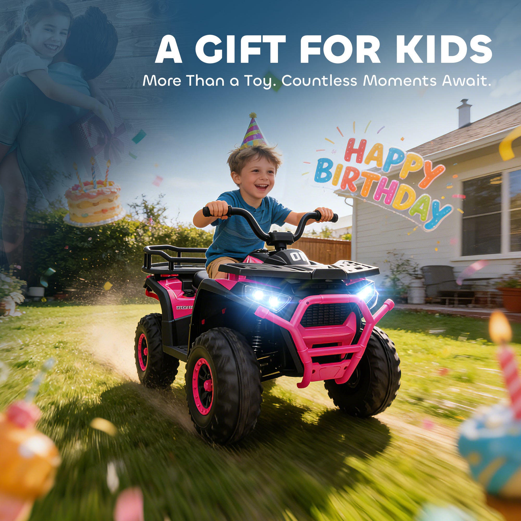 AIYAPLAY 12V Kids Electric Ride on ATV, Battery Powered Quad Bike w/ Spring Suspension, Forward Backward, Storage Basket - Pink