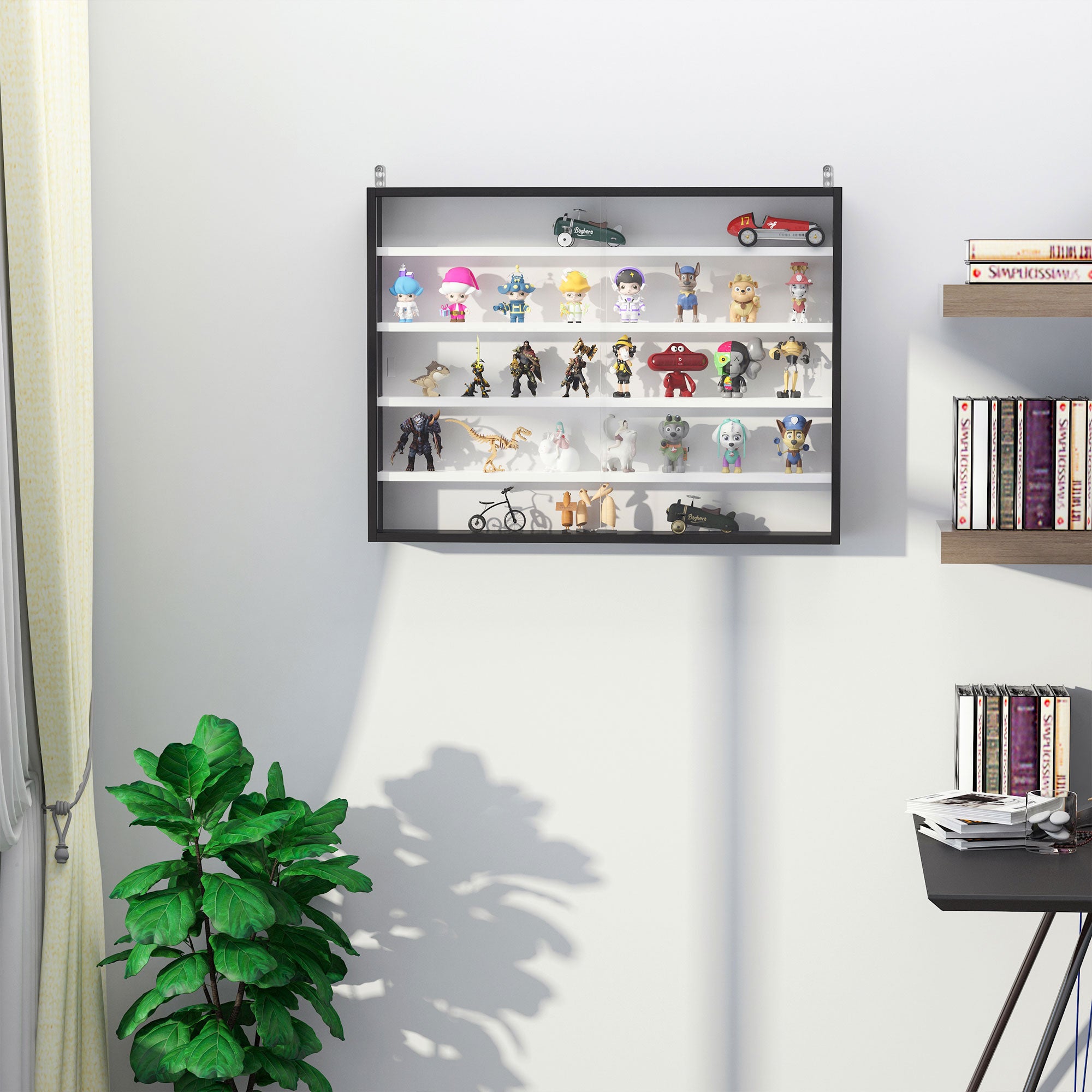 HOMCOM 5-Tier Wall Display Shelf Unit Cabinet w/ 4 Adjustable Shelves Glass Doors Home Office Ornaments 60x80cm Black/White - North Peak Garden Furniture