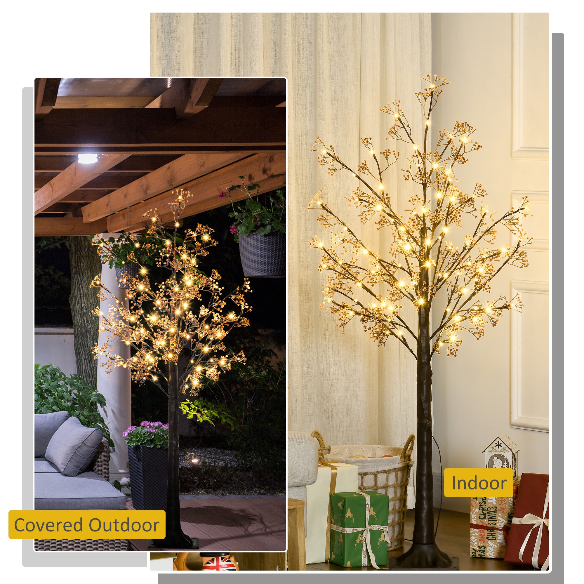 HOMCOM 5ft Artificial Gypsophila Blossom Tree Light with 96 Warm White LED Light, Baby Breath Flowers for Home Party Wedding, Indoor and Outdoor Use - North Peak Garden Furniture