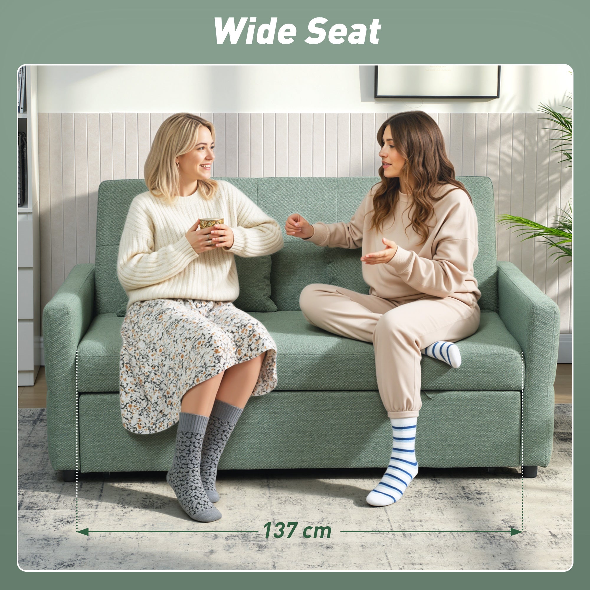 HOMCOM Three-Way 2 Seater Sofa Bed with Three-position back and Two Soft Pillows - Green