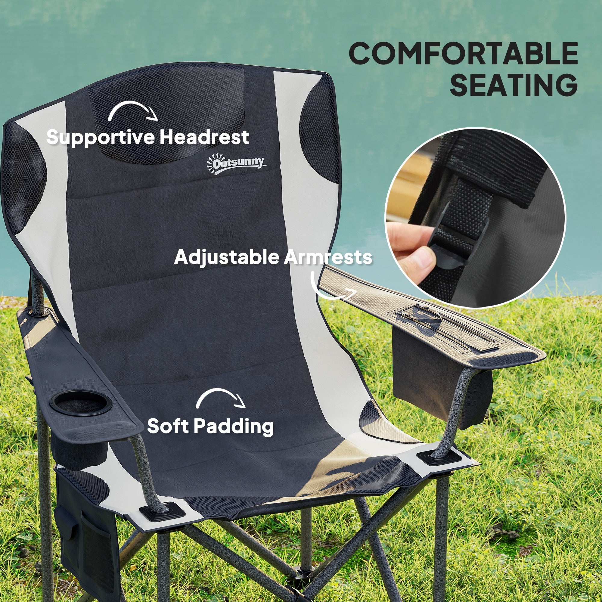 Outsunny Set of 2 Folding Camping Chairs, Padded Camping Chairs with Adjustable Armrests, Portable & Lightweight Folding Camp Chair with Cooler Bag, Cup Holder and Side Pockets, Black - North Peak Garden Furniture