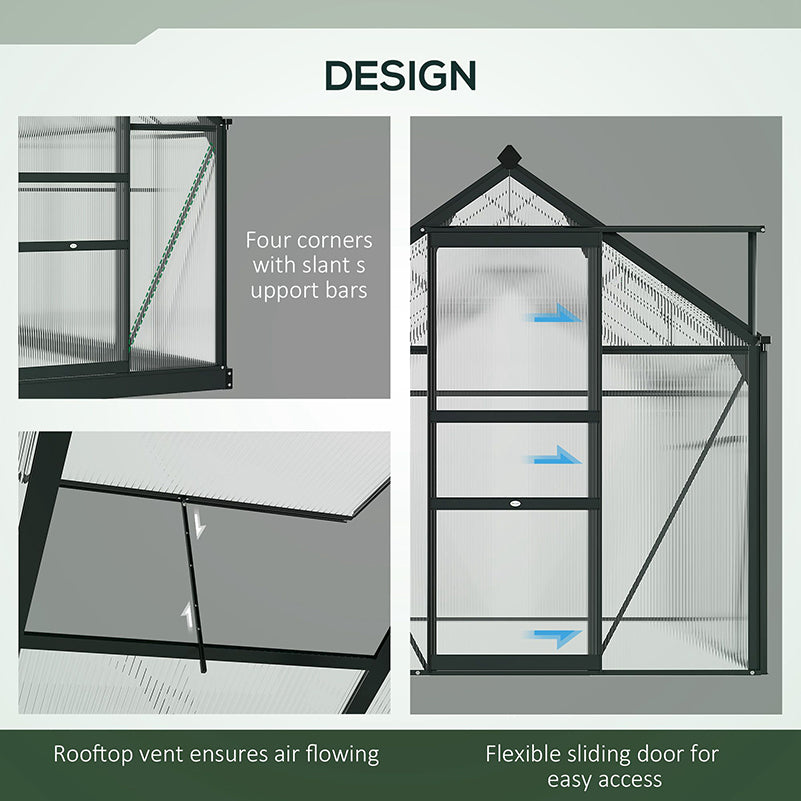 Outsunny 6 x 6ft Polycarbonate Greenhouse, Large Walk-In Green House with Slide Door and Window, Garden Plants Grow House with Aluminium Frame and Foundation, Grey - North Peak Garden Furniture